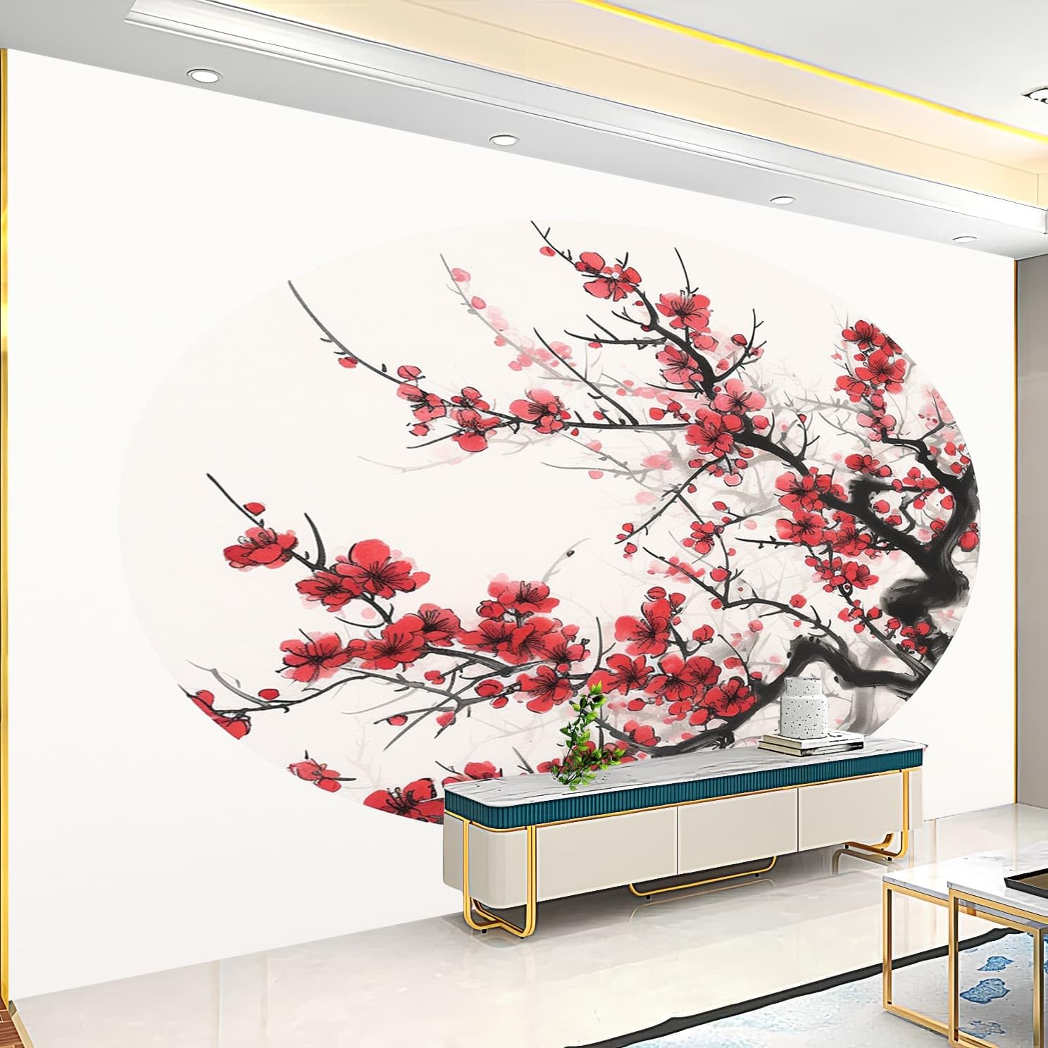 Wodoodporna, bezzapachowa tapeta do wnętrz 300 x 210 cm farba atramentowa śliwkowe kwiaty usuwalny fresk ścienny dekoracja biała fototapeta do mebli salon łazienka sypialnia szafa