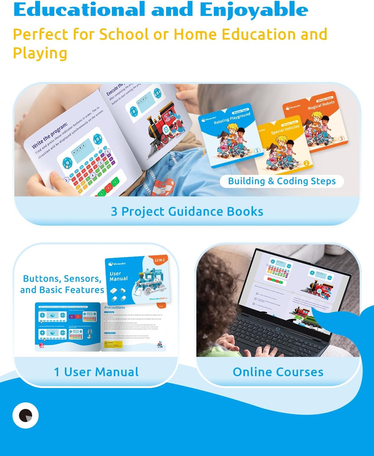 Child reading a WhalesBot story guide book, with the user manual and a laptop showing online courses.