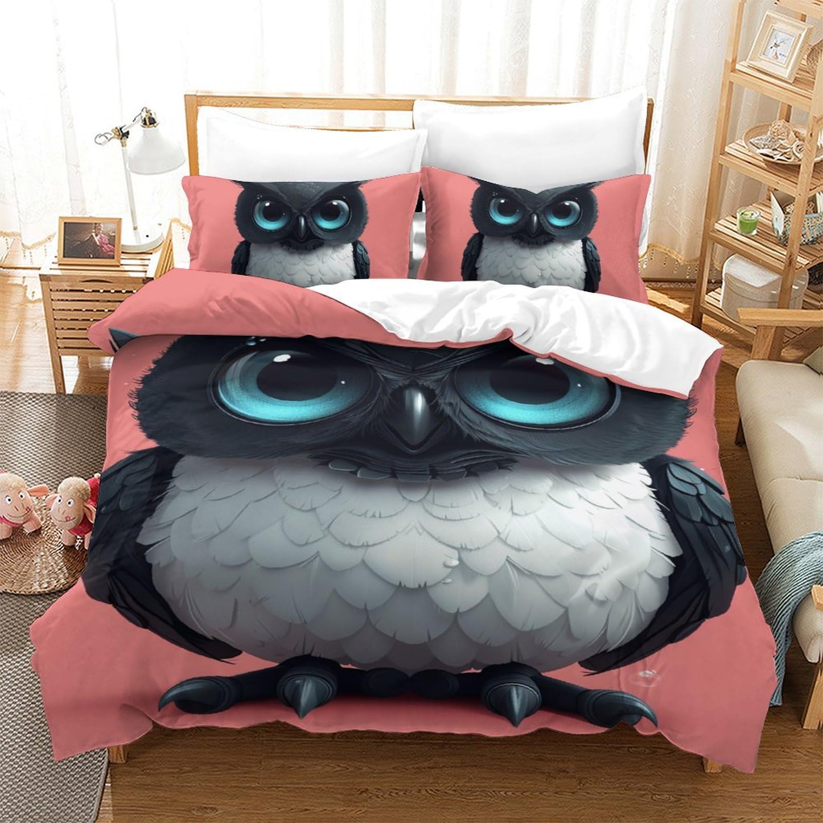 Parure de lit enfant 3D Chouette avec housse de couette 140x200 cm pour chambre single