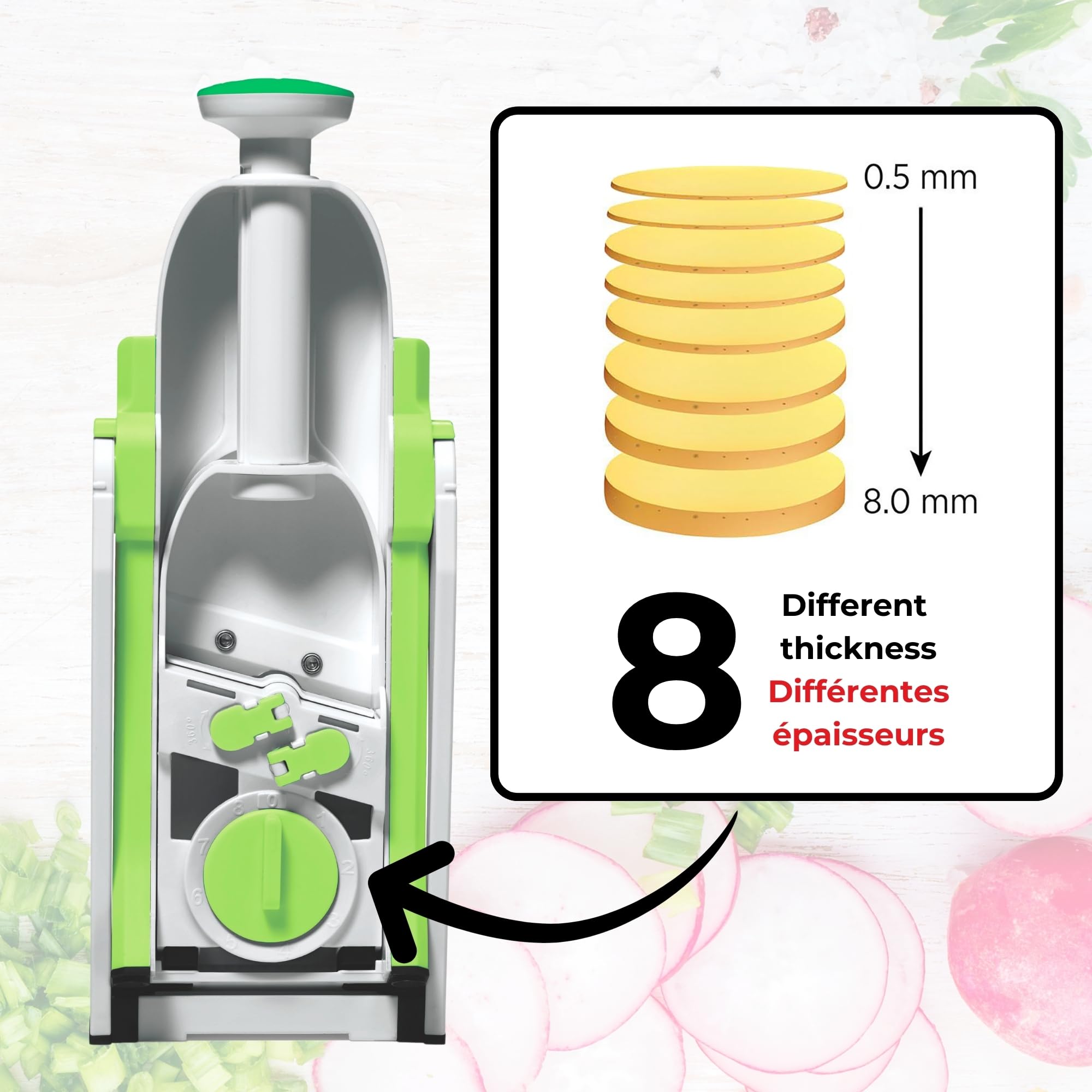 Starfrit Pump'n'Slice - Mandolina vertical, cortador y picador de alimentos, seguro | Cuchillas cerradas seguras. Corte ajustable. Juliana y dados. Ideal para frutas y verduras. Se pliega para almacenamiento.