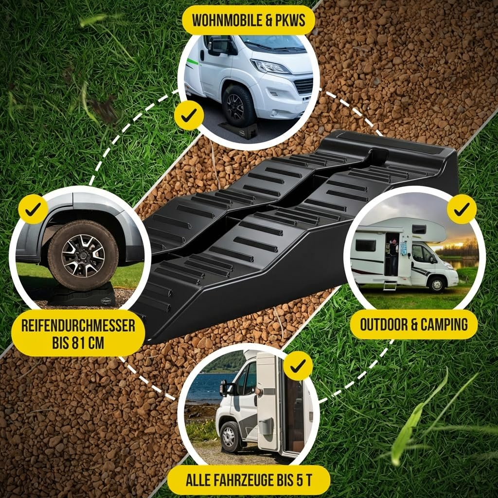 Rampa di carico per camper e roulotte - Rampa di sollevamento auto a 3 livelli [set di 2] | Rampa auto resistente per camper e roulotte | Rampa auto stabile
