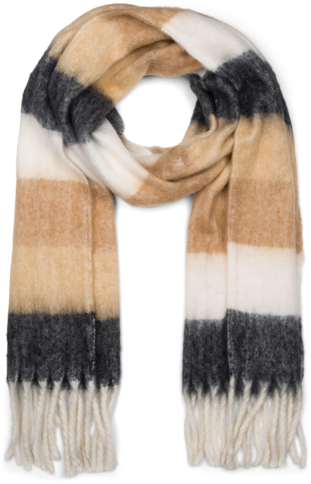 styleBREAKER Women's woven knitted scarf with wide colourful stripes and thick fringes - Warm winter scarf, multicoloured 01017160, Colour:Black-Brown-White