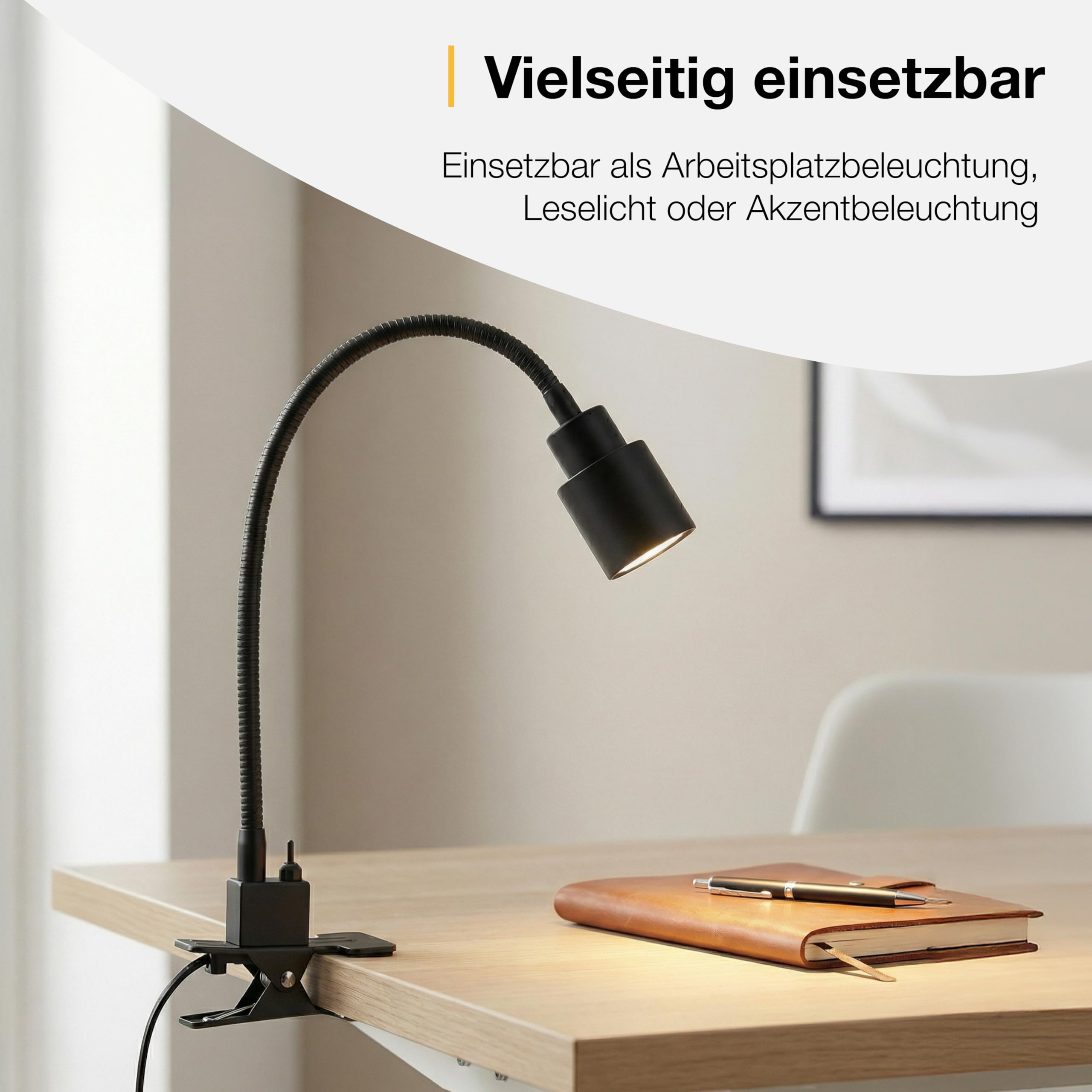 Brilliant LED Klemmleuchte in schwarz mit Flexarm & Kippschalter flexible Klemmlampe, Leselampe Schreibtischlampe Bettlampe mit 3 Watt und 300 Lumen, 3000K warmweiß inkl. LED fürs Schlafzimmer | Tischlampe mit Flexarm und Kippschalter, ideal für Schreibti