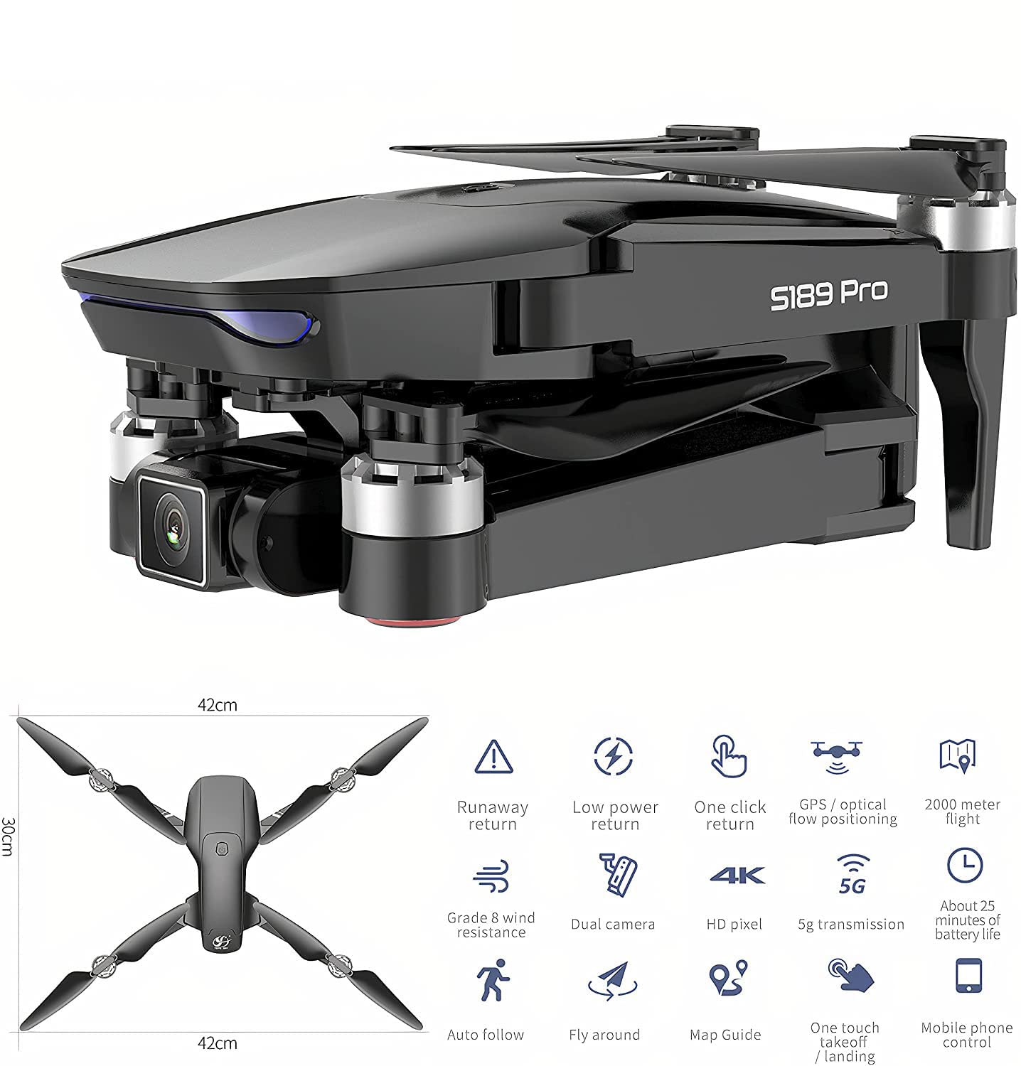 4K ULTRA HD DRONE, podw贸jna kamera z GPS, optyczne pozycjonowanie przep艂ywu, transmisja 5G WiFi FPV - 2000-metrowy lot, niski pob贸r mocy, powr贸t jednym klikni臋ciem, niekontrolowany po