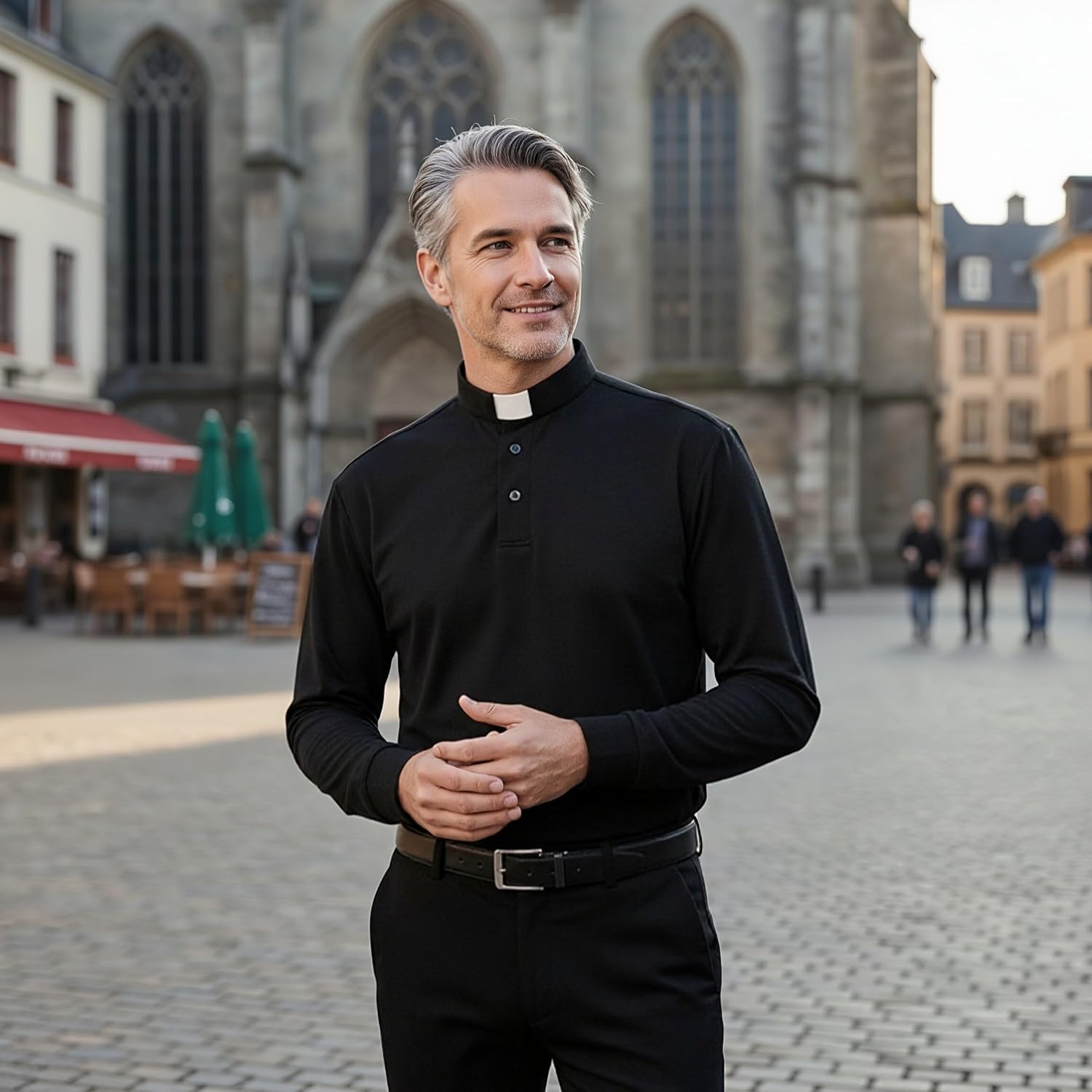 Men's Clergy Tab Collar Polo Shirt Long Sleeve Pastor Minister Preacher Shirt Priest Tops