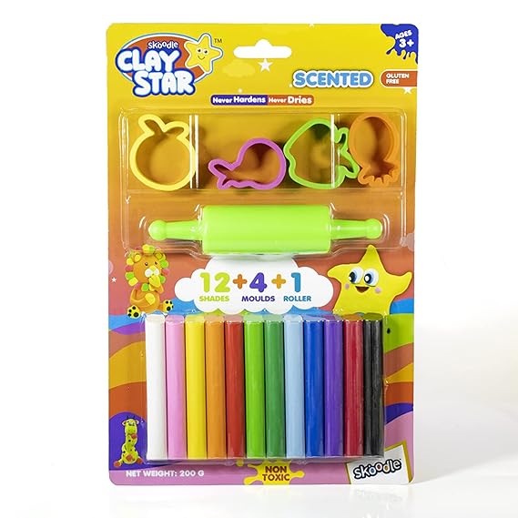 Skoodle Clay Star Scented Clay Pack, 200 GMS with 4 Moulds and 1 Roller ? Multicolour - Gluten Free