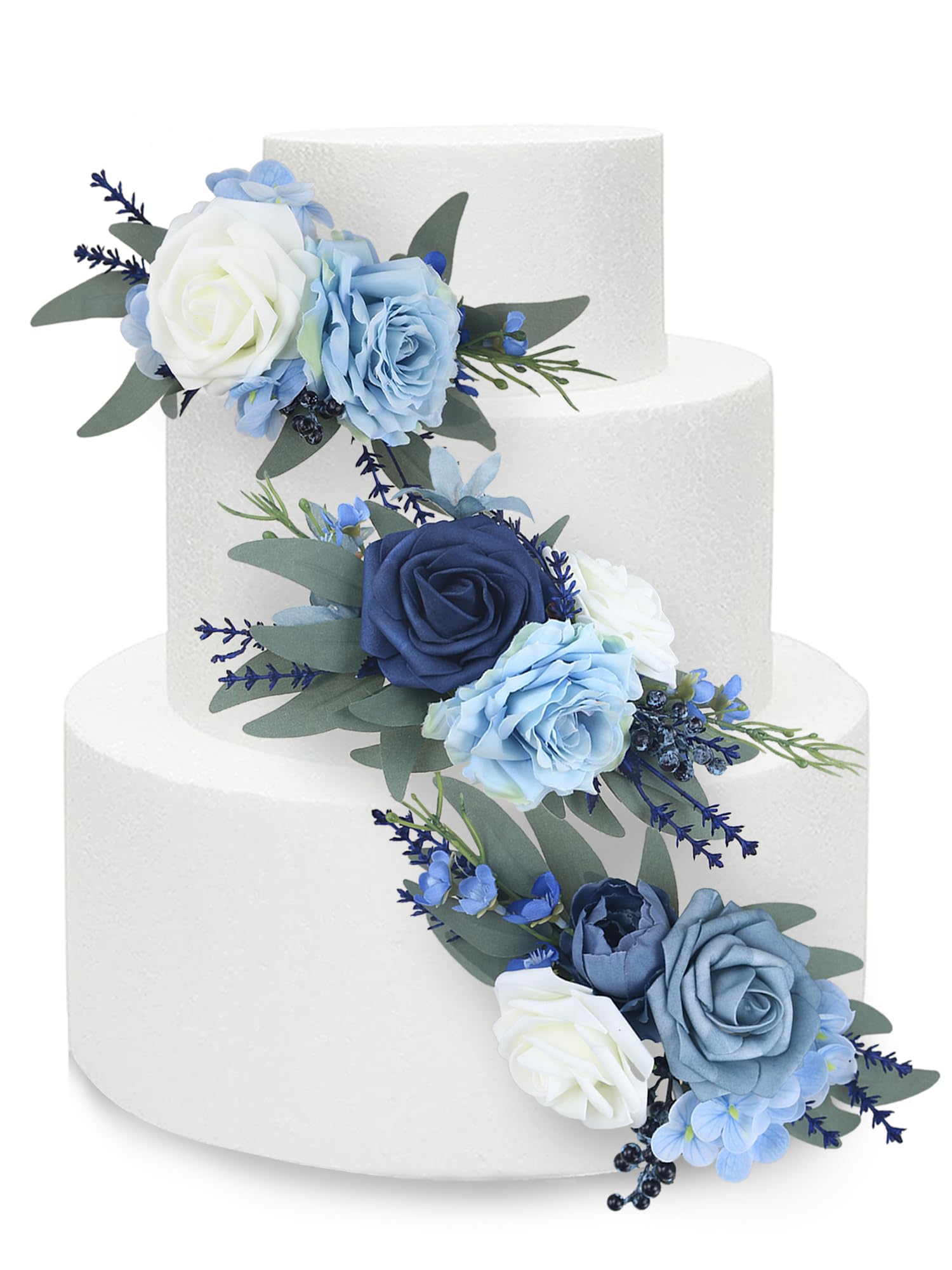 Rinlong 3Pcs Pre-made Cake Flowers, Navy Blue Cake Decorations, Wedding Cake Decorating Flowers, Birthday Baby Shower Baptism Blue Cake Toppers