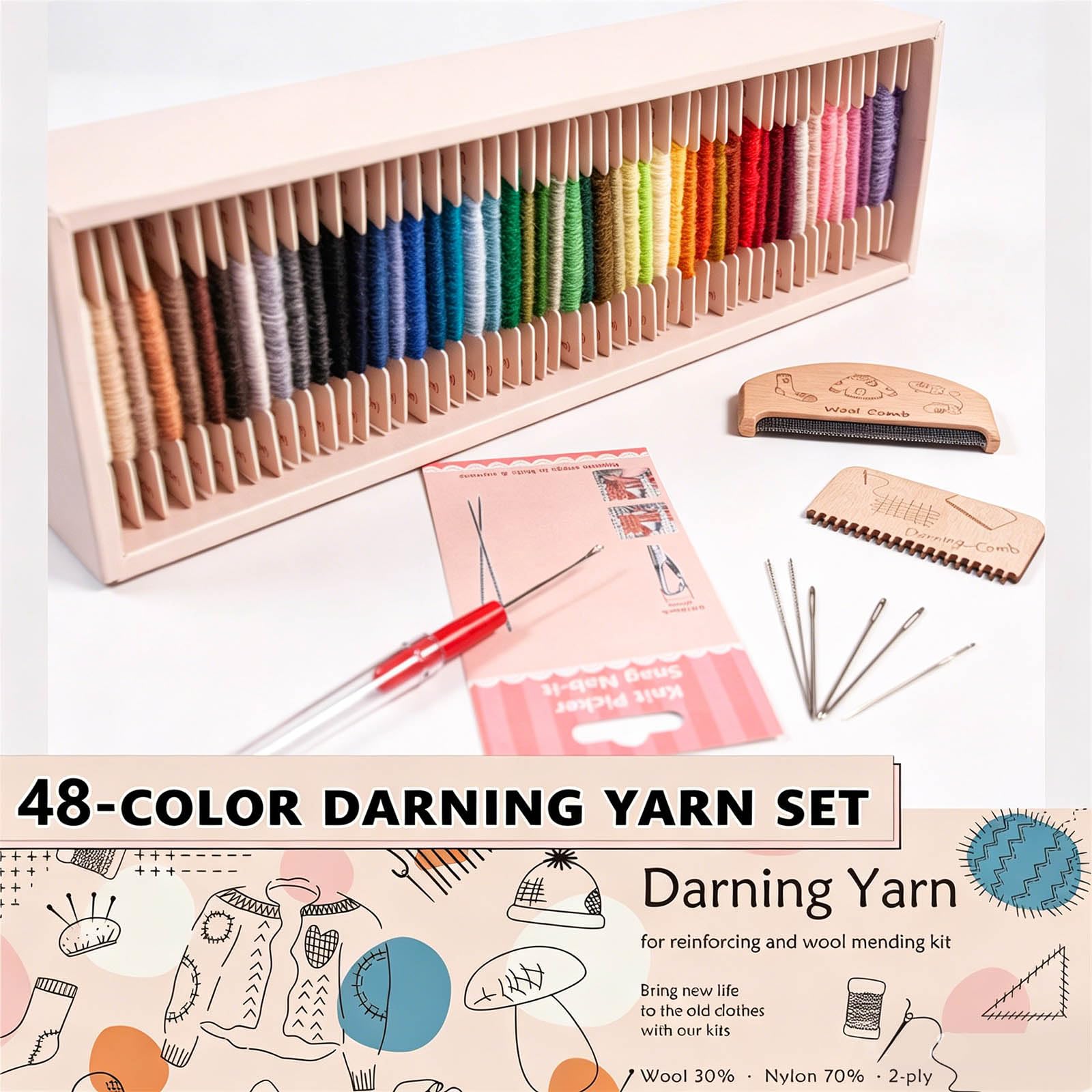 Reparaturgarn Set mit 48 Farben Stopfgarn, Nadel, Wollkamm, Stopfkamm für Heimnähen und gestrickte Kleidung, Reparatur Nähausrüstungsset