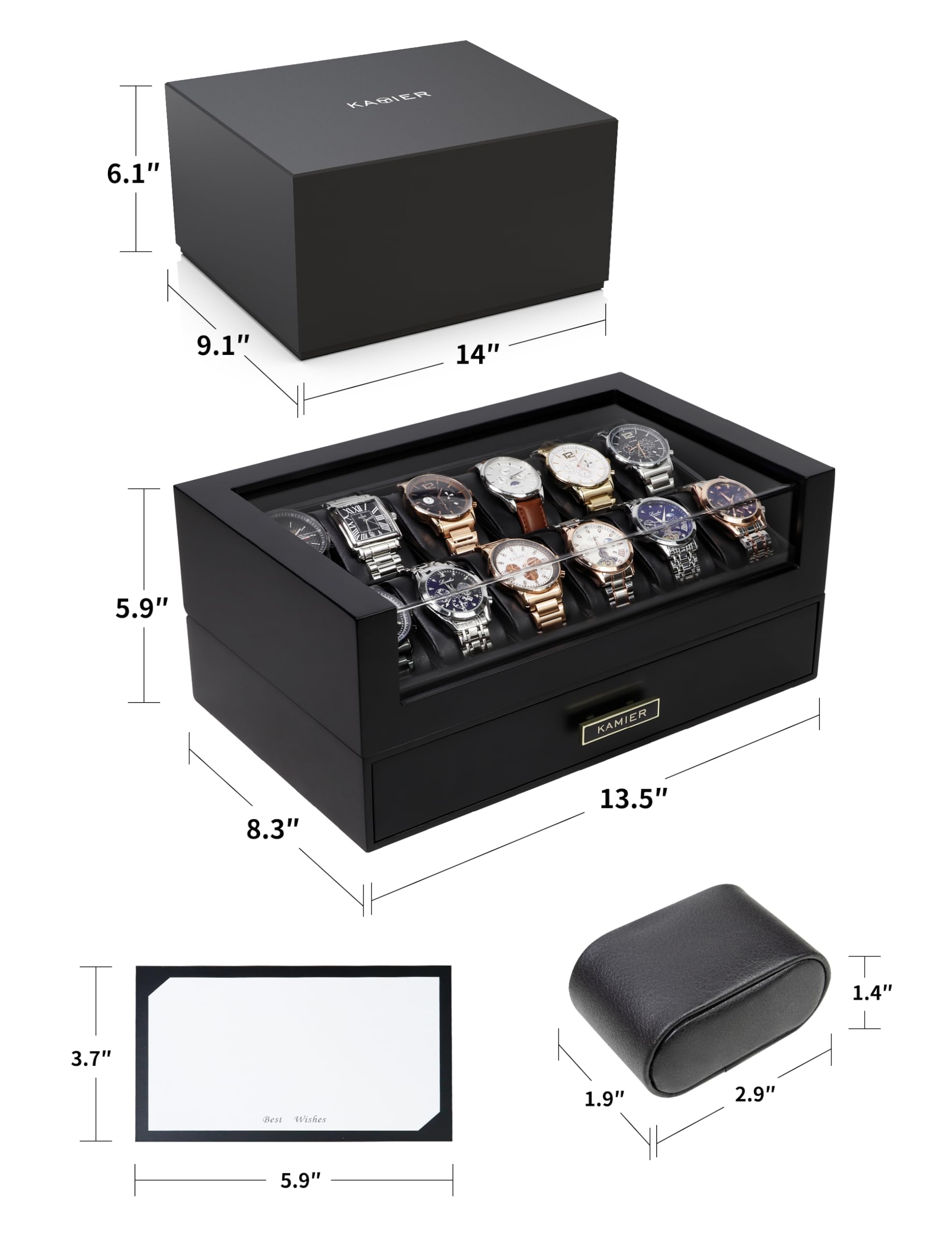 KAMIER Boîte à montres à 12 fentes,Boîte à montres en bois à deux étages pour hommes avec porte-montre et tiroir,Noir