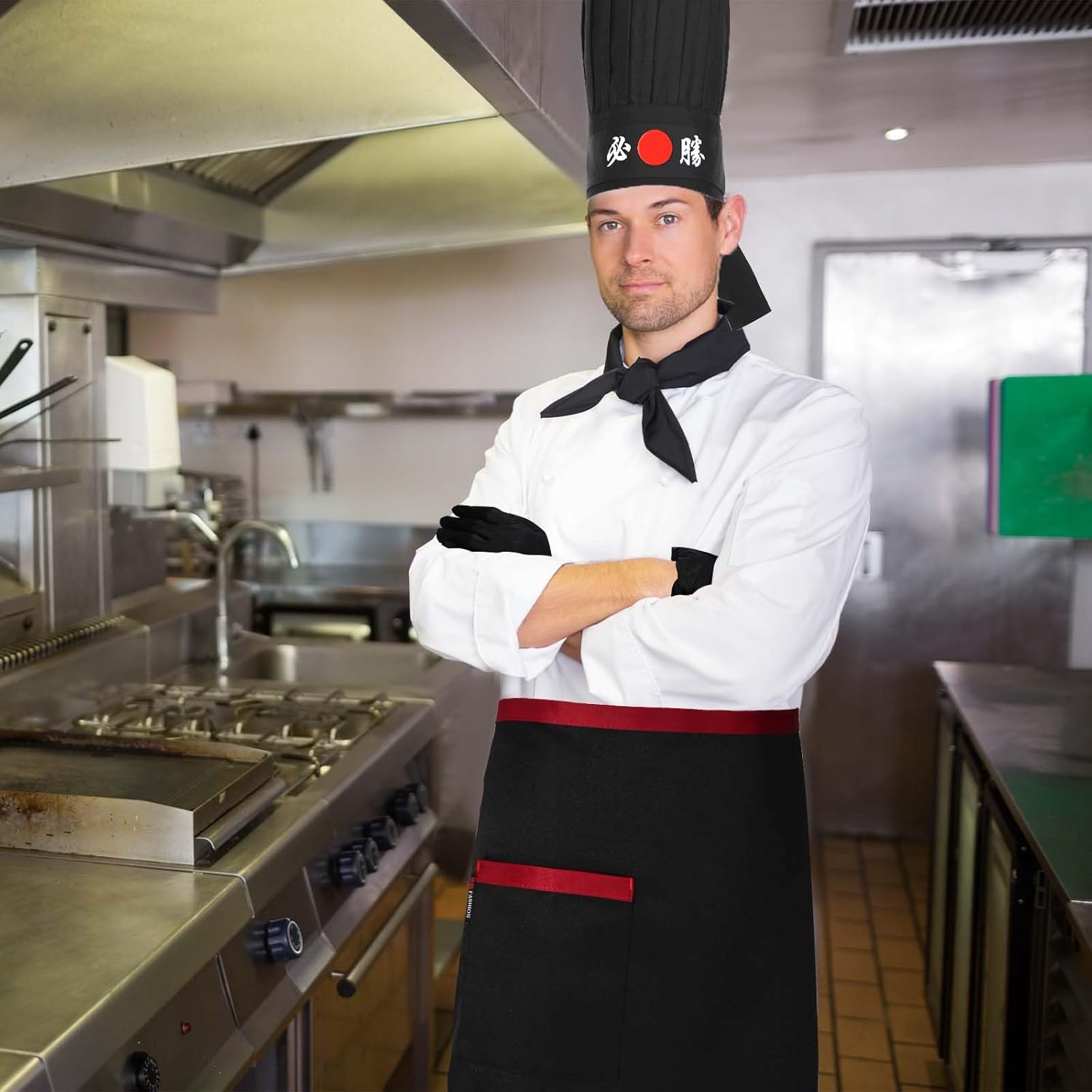 5 Pcs Hibachi Chef Costume Accessories Japanese Teppanyaki Tall Cap Hachimaki Headband Tie Apron Nitrile Gloves Black - Image 8