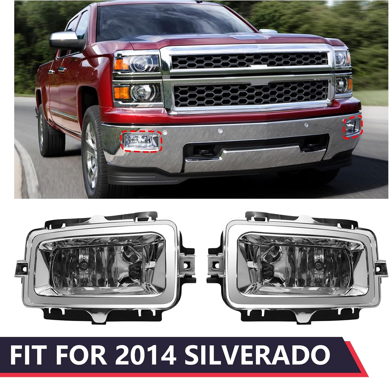 Fog Light Lamps W/Bulb&Fog Light Bezel Fit For Chevrolet Silverado 2013 2014 2015,Chrome OE Style Front Fog Light Lamp Bezel Cover Shell Left+Right