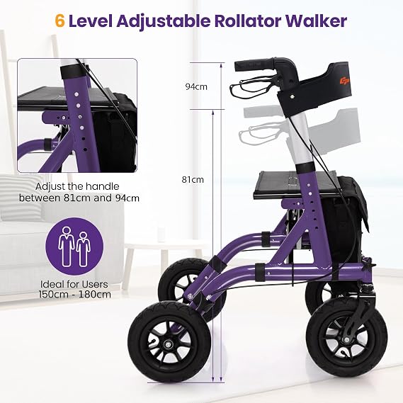 COSTWAY Folding Rollator, Height Adjustable Rolling Walker with Seat, All Terrain Pneumatic Tires and Storage Bag, Lightweight Walking Aid Frame for Elderly & Disabled (Purple, 76 x 63 x 81-94cm)