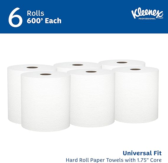 Kleenex Professional Hard Roll Paper Towels, Bulk, 6 Rolls x 600' (50606) | Universal 1.75 Core, Absorbency Pockets, White, Premium Tier, Compatible with Universal Roll Towel Dispensers