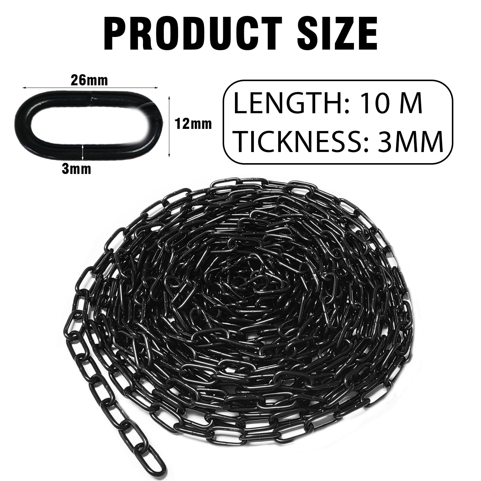10M Stahlkette aus Kohlenstoffstahl, 3mm Starke Stahlkette, Metall Gliederkette Sicherheitskette, Kette Schwarz für Hundekette, Lampenkette, Schaukelkette, Hängesesselkette, Zaunkette