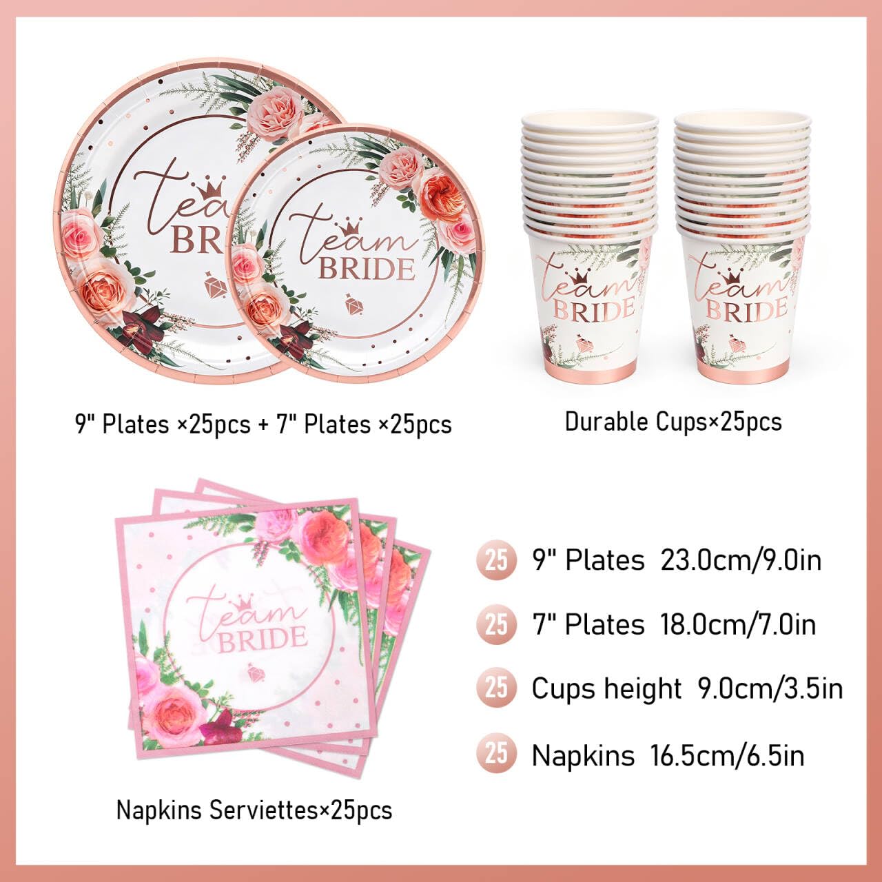 100 sztuk Team Bridal Shower Party Supplies Bachelorette papierowe serwetki serwetki kubki jednorazowe zestaw naczyń w kolorze różowego złota, prezent dla panny młodej, dekoracja na zaręczyny