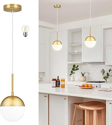 Colgantes modernos de mediados de siglo de oro de 6 pulgadas para isla de cocina, globo de vidrio blanco lechoso esmerilado, altura ajustable,