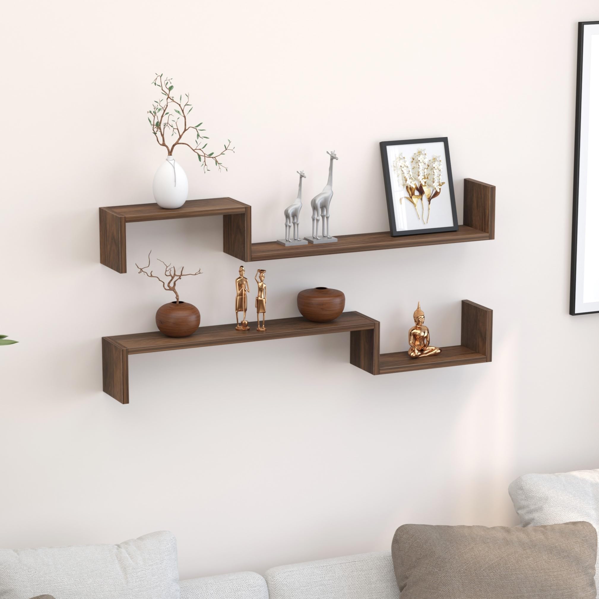 BLUEWUD Riley Engineered Wood Wall Decor Floating Shelf Display Rack Decorative Hall Décor for Living Room Home Furniture (Brown Maple)-image-20