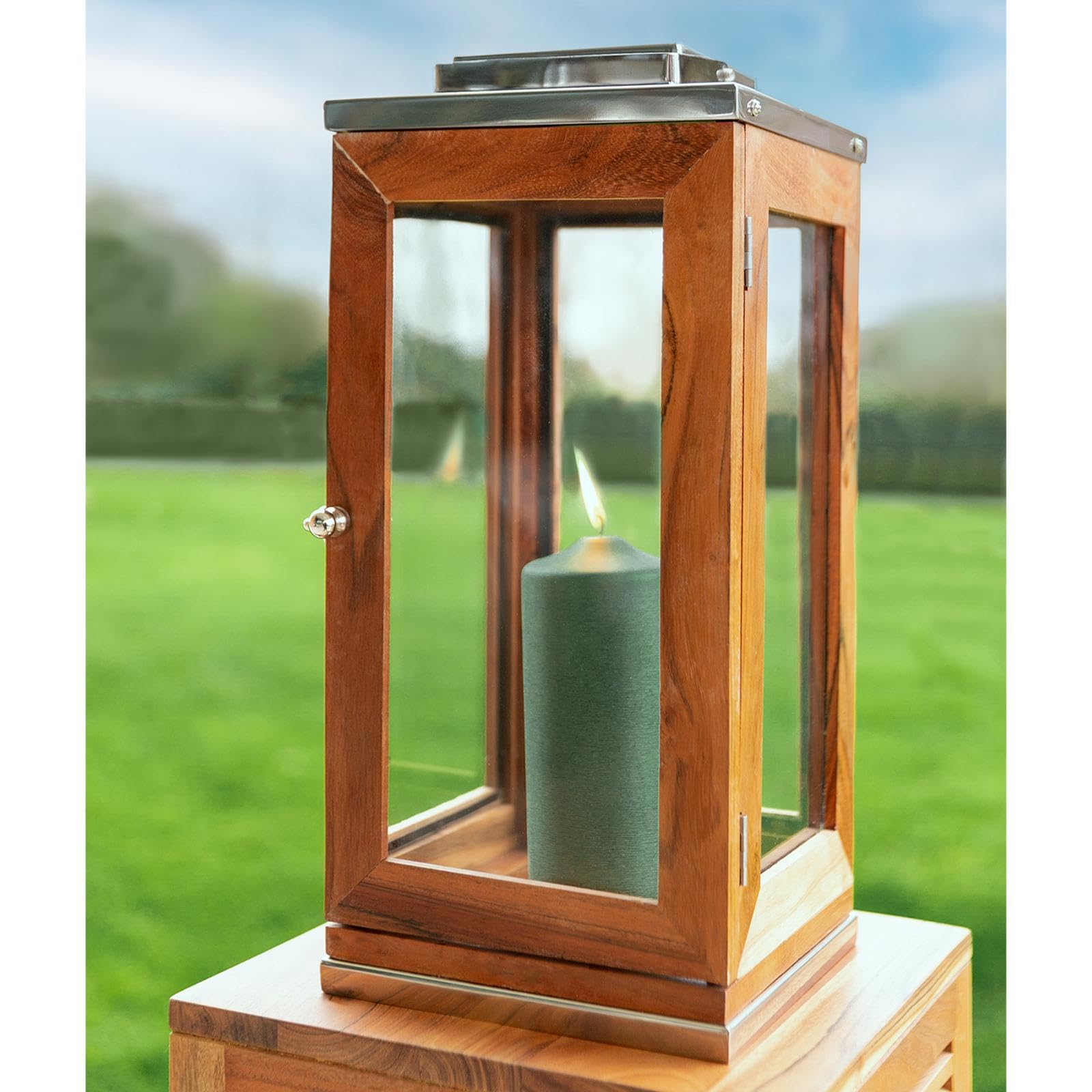 Fink große Laterne 43 cm aus Akazienholz - dekoratives Windlicht mit natürlicher Holzmaserung - Kerzenhalter für Stumpenkerzen als hochwertiges Wohnaccessoire für Innenräume