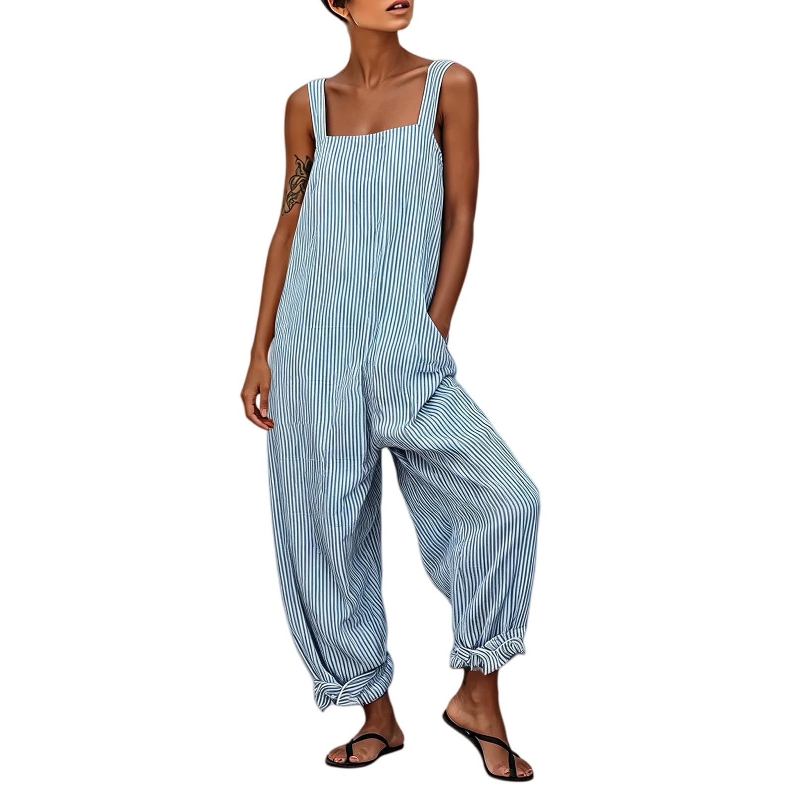 Salopette estive da donna, a righe, a gamba larga, con
