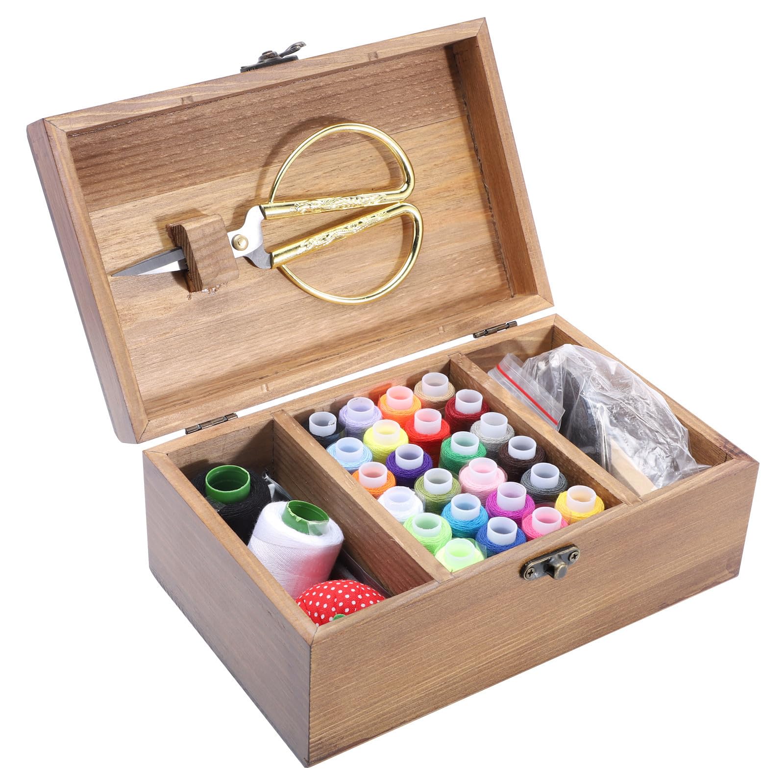 YARNOW 1juego Caja de Madera para Costura Retro Kit de Herramientas de Bordado y Manualidades con Agujas Hilos y Tijeras Regalo para Amantes del DIY y Manualidades Casa