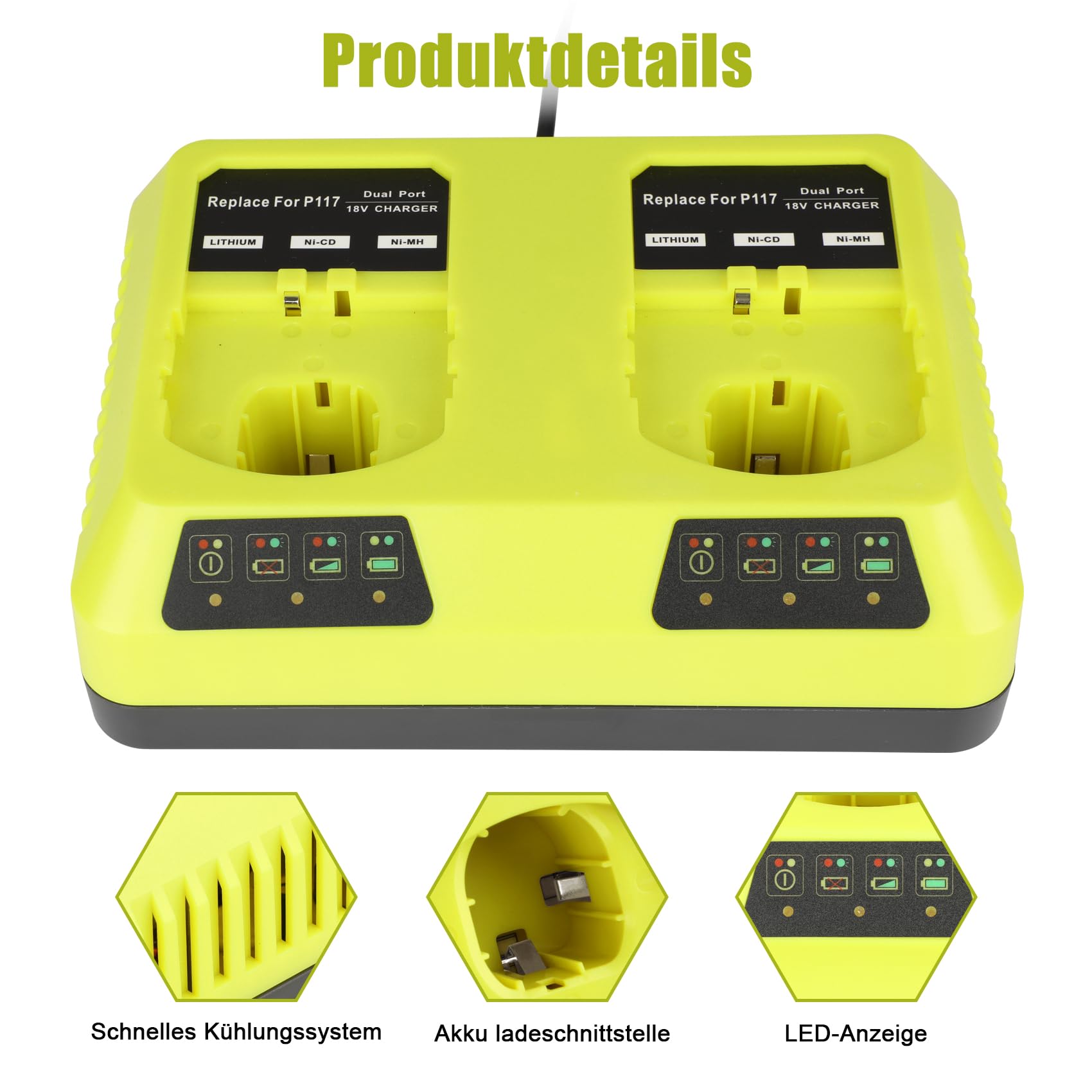 KUNLUN Ersatzladegerät für Ryobi Akku 18V ONE+ 3A P117 Doppelladegerät