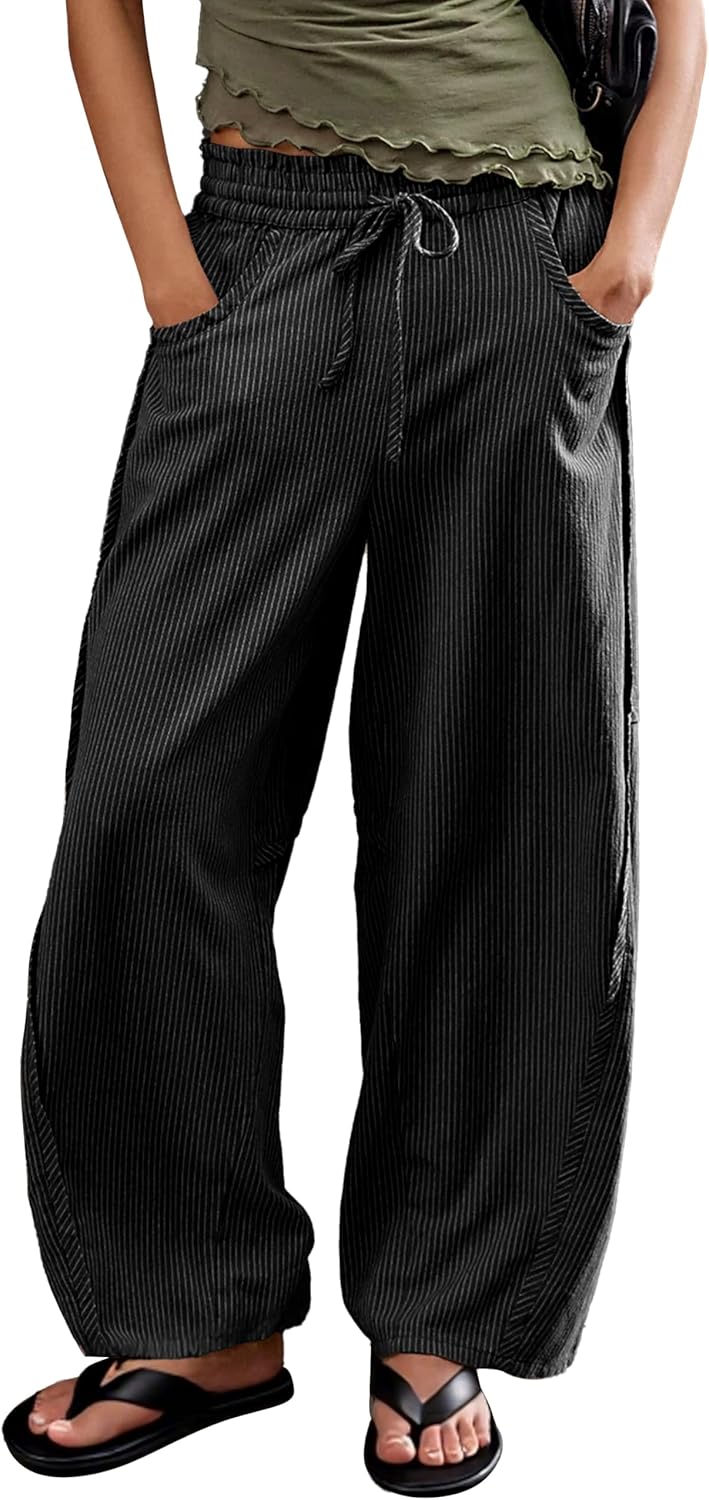 Ziqoty Women's Striped Barrel Pants Drawstring Waist Wide Leg Trousers with Pockets Casual Comfort for Office Lounge Travel