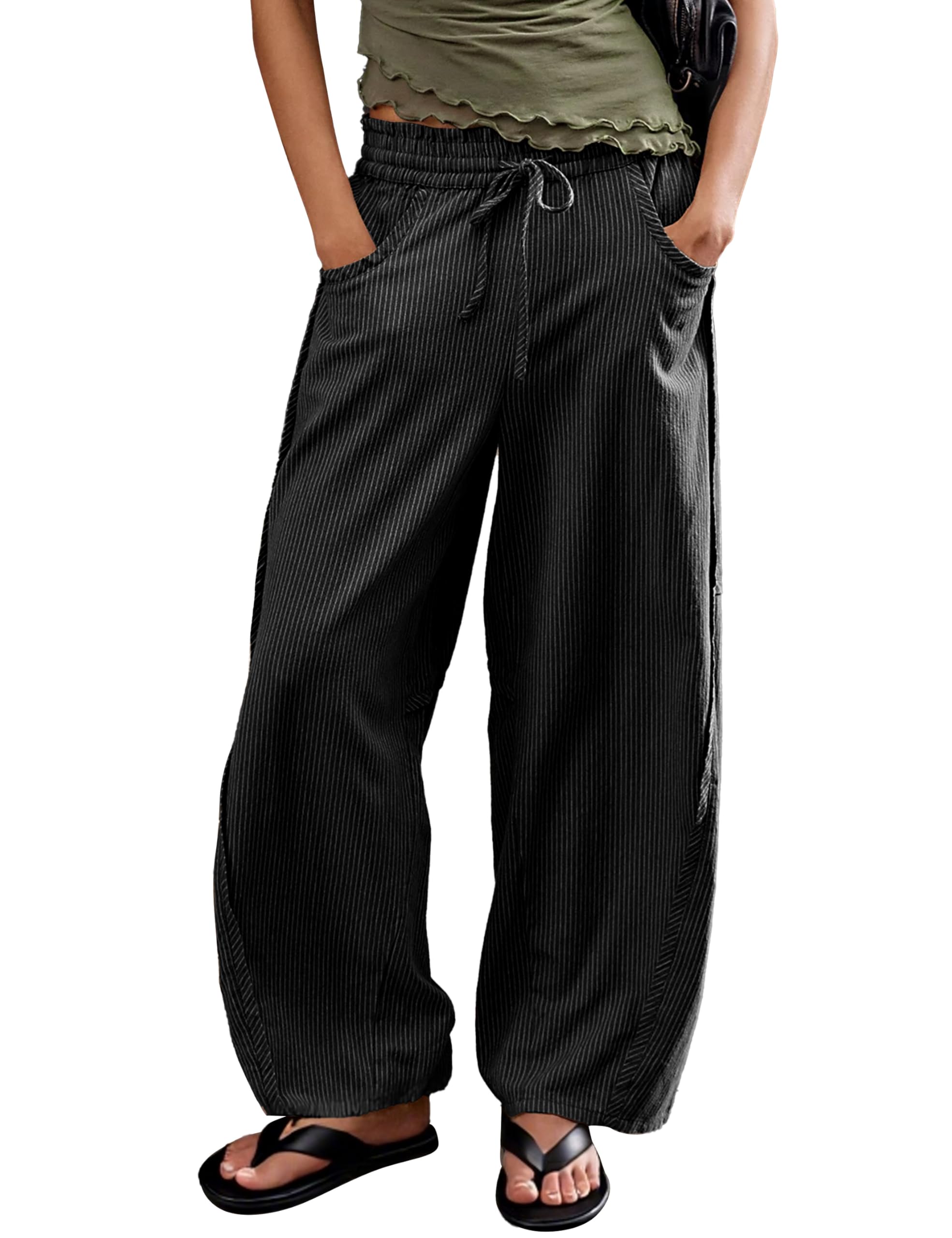Womens Striped Barrel Pants Drawstring Waist Wide Leg Trousers with Pockets Casual Comfort for Office Lounge Travel