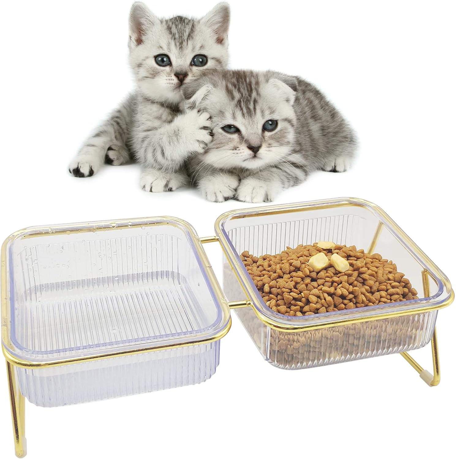BNOSDM Elevated Cat Bowls for Indoor Cats Food & Water Dishes 15° Tilted Raise Pets Feeding Station Gold Iron Stand Anti Slip…
