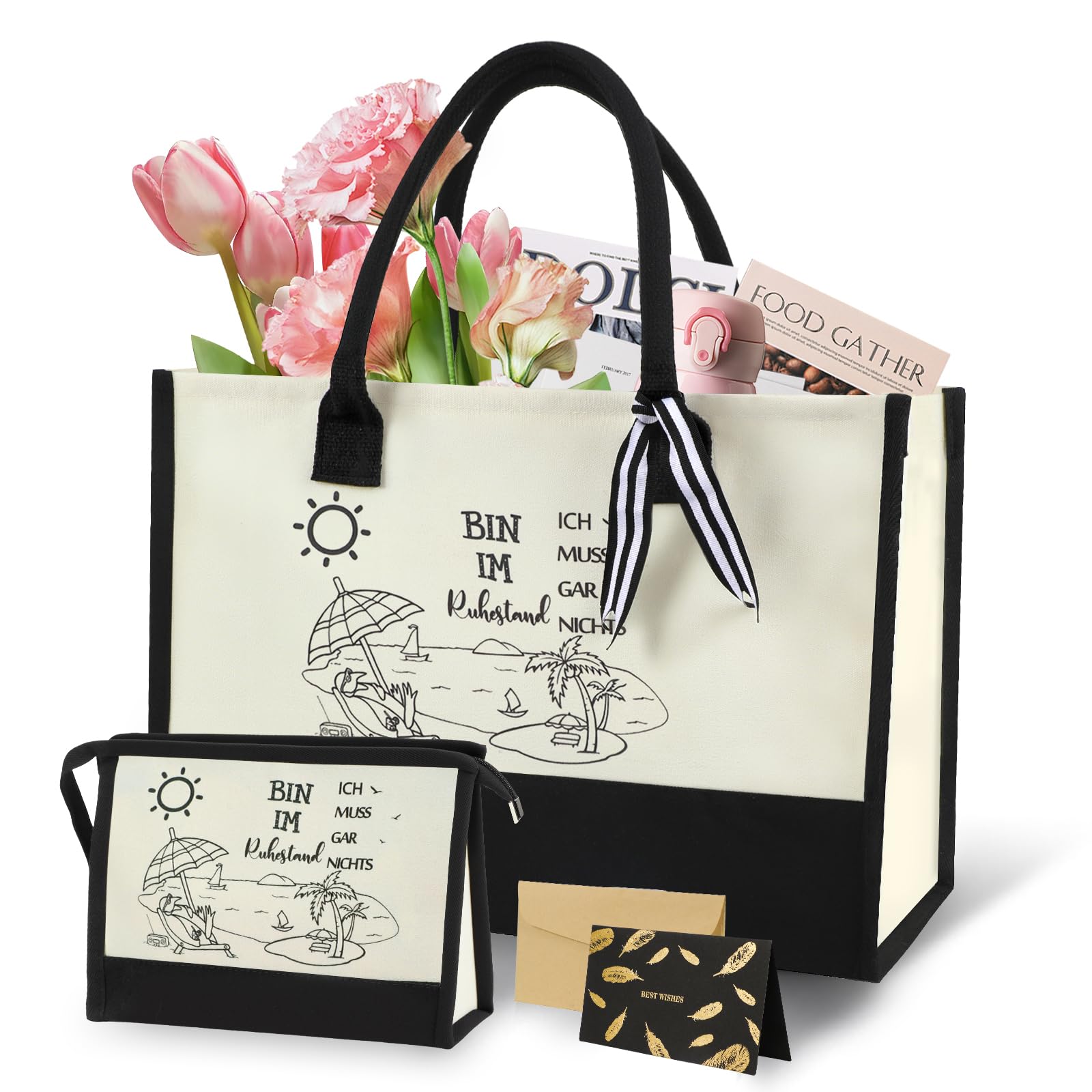 Seutgjie Rentner Geschenk Frau, Renteneintritt Geschenk Canvas Einkaufstasche Tragetasche Kosmetiktasche Set mit Glückwunschkarte für Kollegen Freunde Familie Oma Opa Geschwister