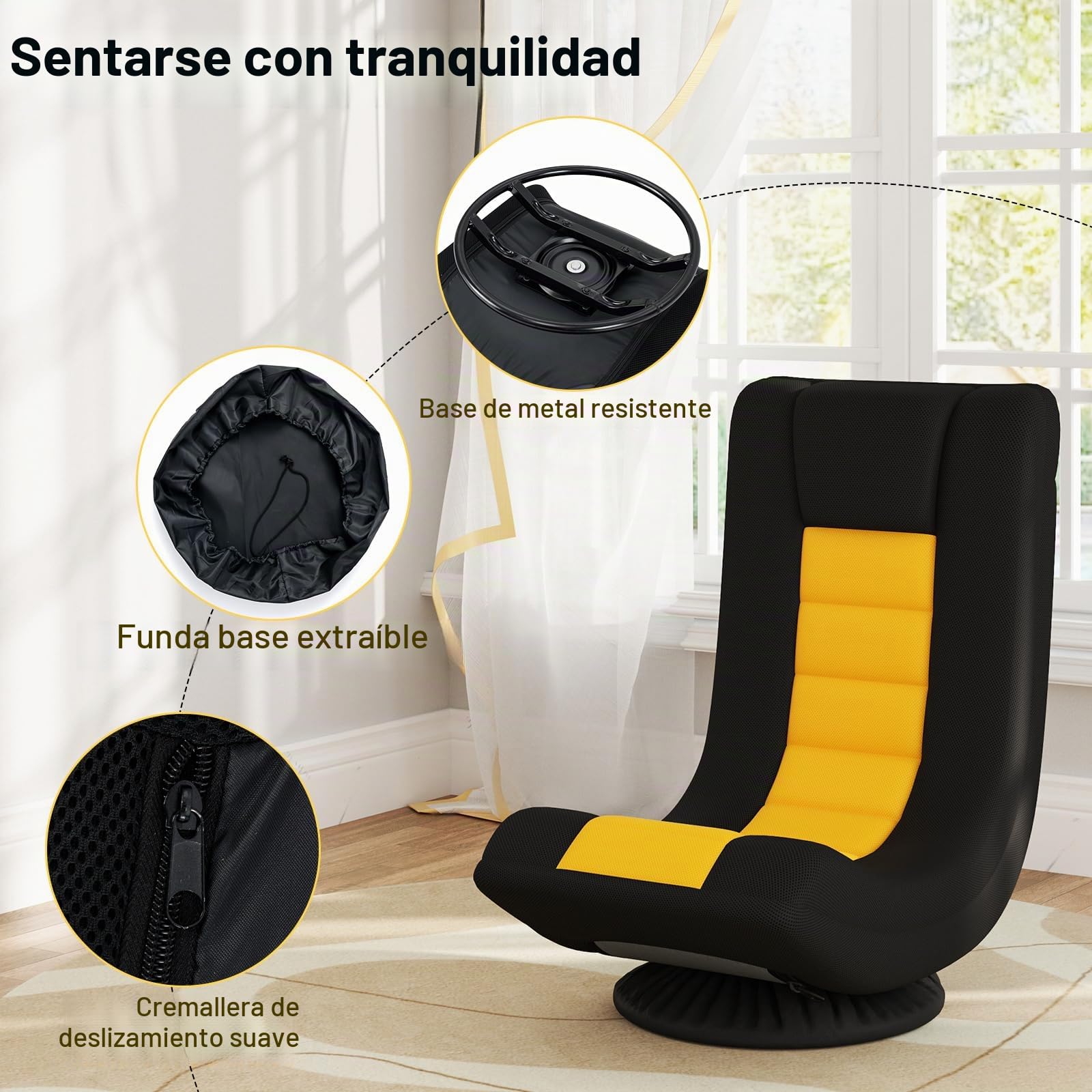 RELAX4LIFE Sillón de Suelo Giratorio 360°, Silla Plegable con Respaldo Ajustable en 4 Posiciones, Cojín para el Cuello y Base de Metal, Silla de Suelo Acolchada con Esponja Acolchada (Negro+Amarillo)