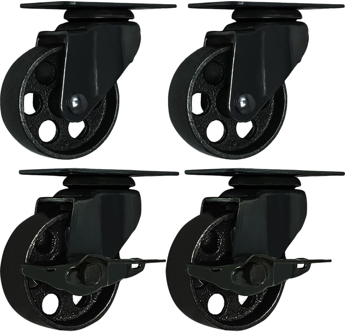 FactorDuty 4 All Black Metal Swivel Plate Caster Wheels w/Brake Lock Heavy Duty High-gauge Steel (3" Combo)