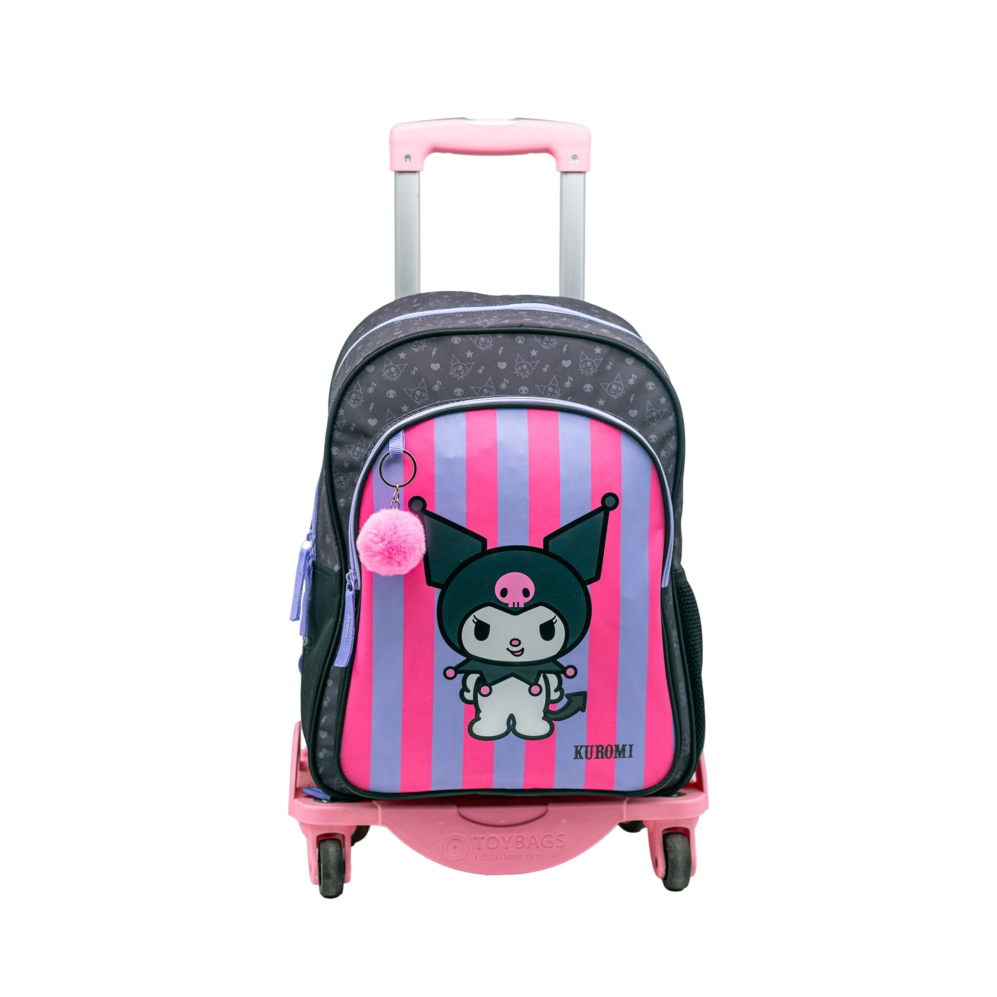 ToyBags Mochila Escolar Kuromi - Doble Compartimento - con Accesorio Pom-Pom - Adaptable + Carro Rosa Proteccion Lateral Y STOPER Frontal Anti CAIDA 4 Ruedas giratorias - 44 X 30 X 20 CM