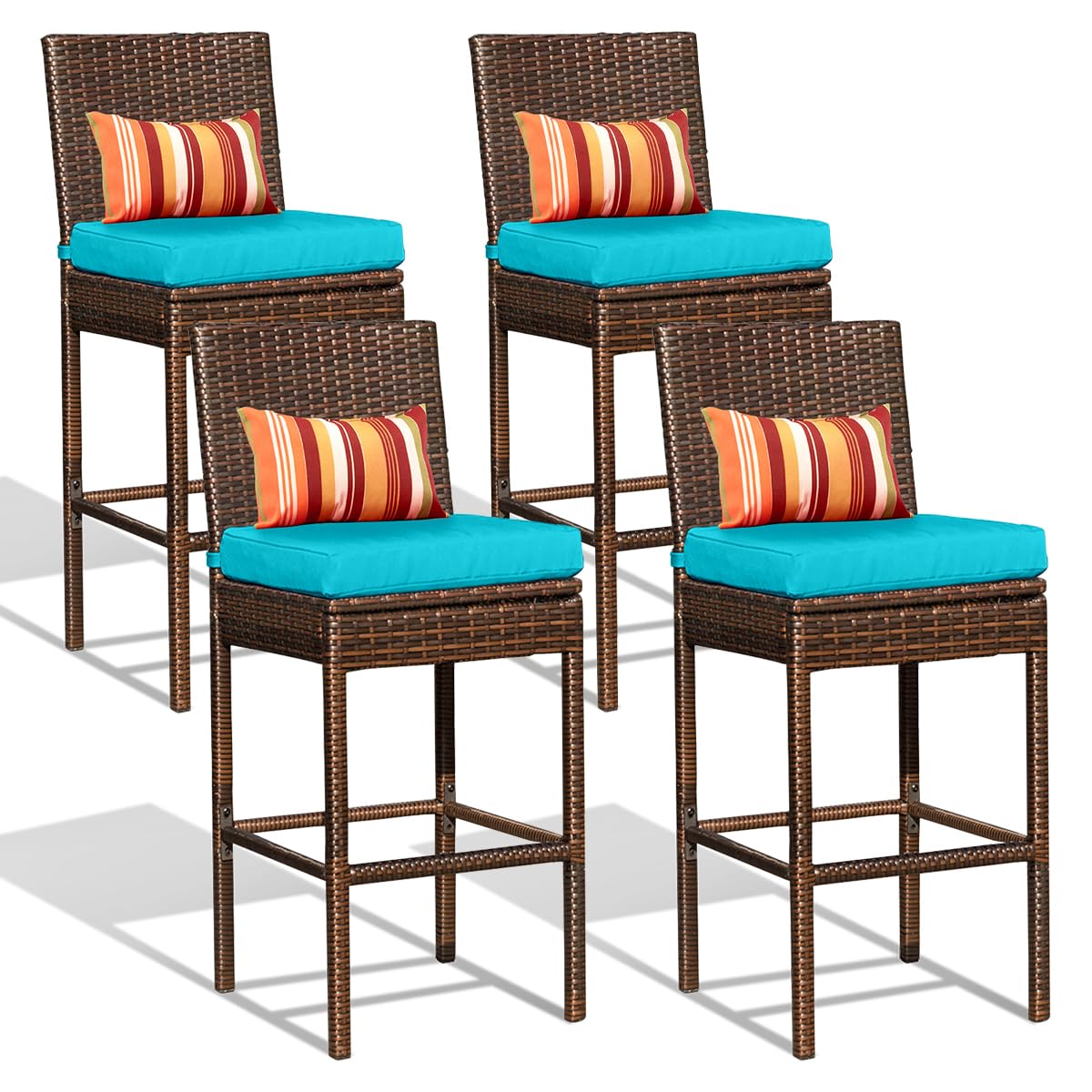 Sundale Outdoor Wicker Bar Stool Set of 4, 30 Inch Seat Height Patio Counter Height Stool with Back Rest, Rattan Woven Tall Chair with Pillow & Blue