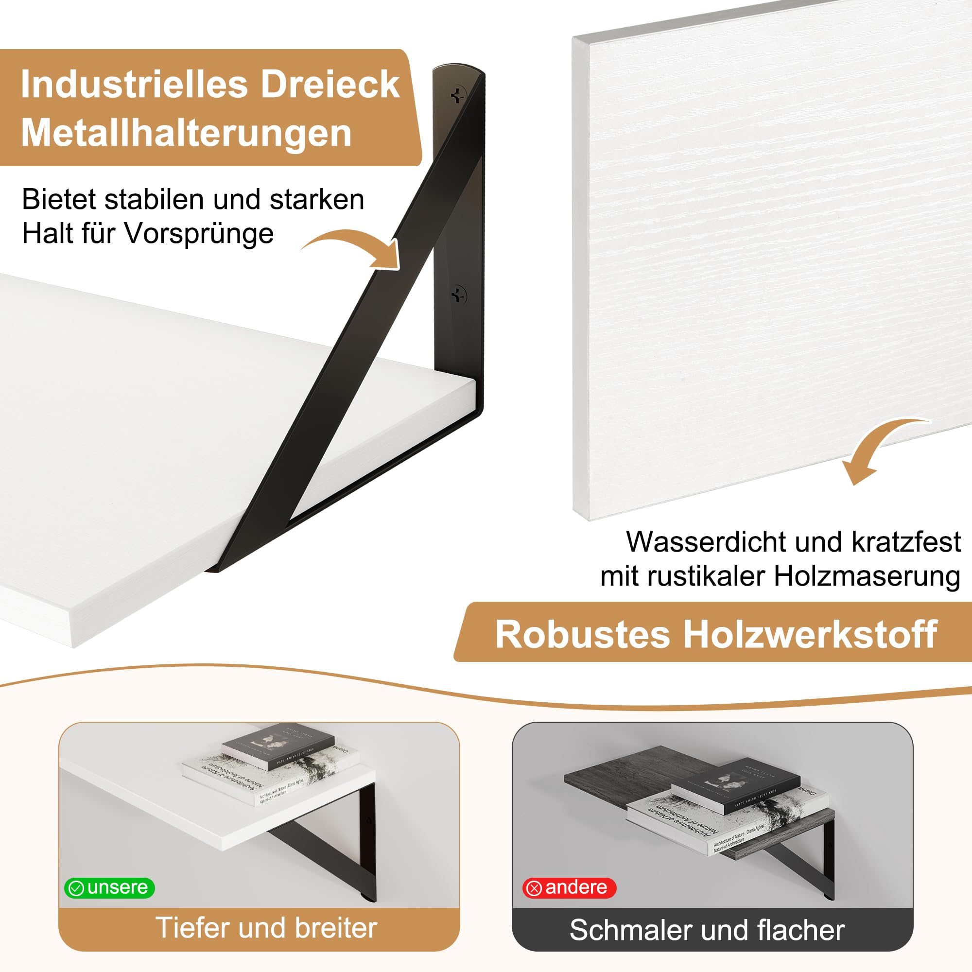 Feihorrm 2er Set Wandregal, Regal Wand 40 x 20 cm, Wandregal Holz, Weiß Regal mit Metallhalterung, Wandboard für Wohnzimmer, Badezimmer, Küche, Arbeitszimmer, Schlafzimmer
