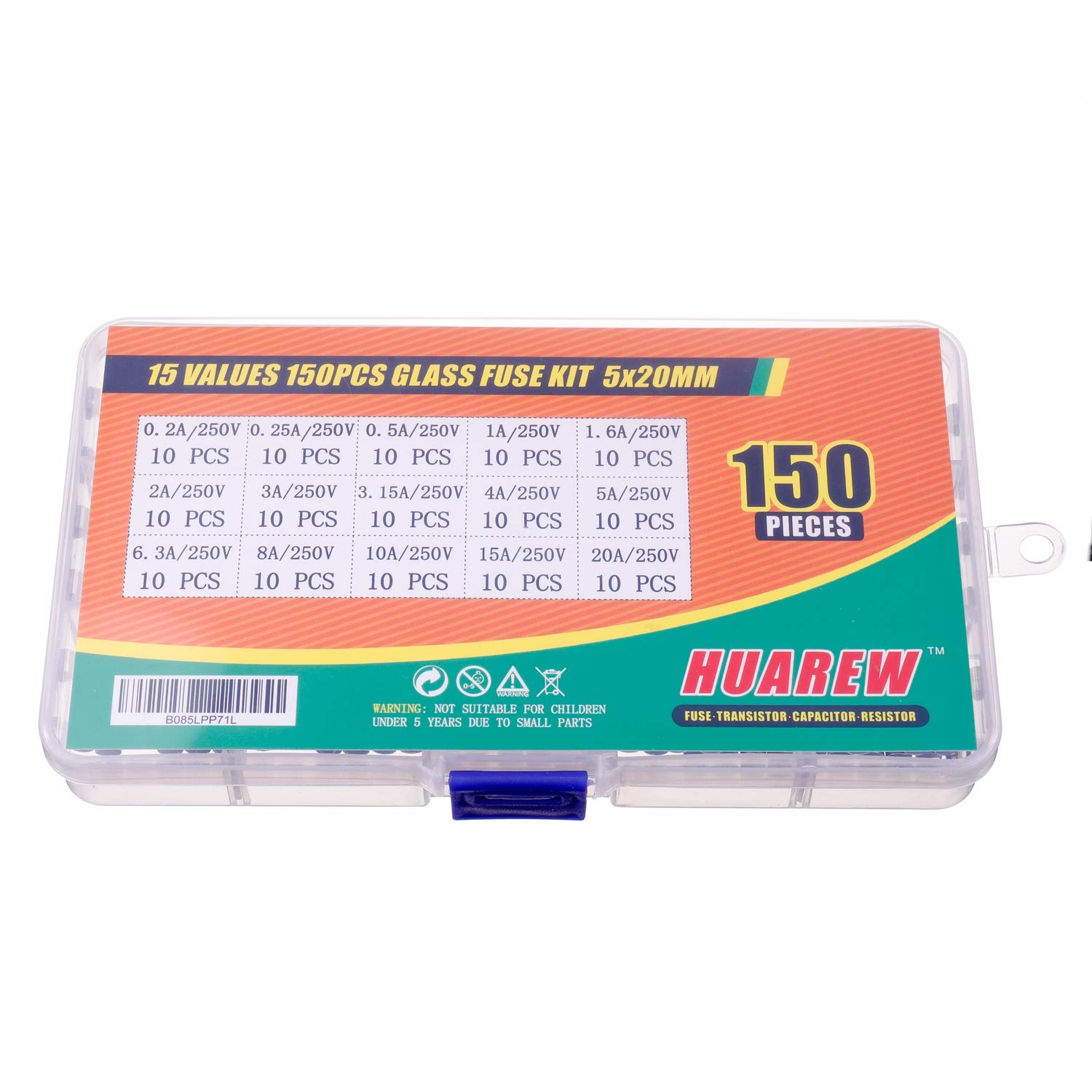 HUAREW Kit 150 Fusibles En Verre Rapides 5x20mm - 15 Valeurs De 0.2A à 20A 250V, Boîte De Rangement Incluse