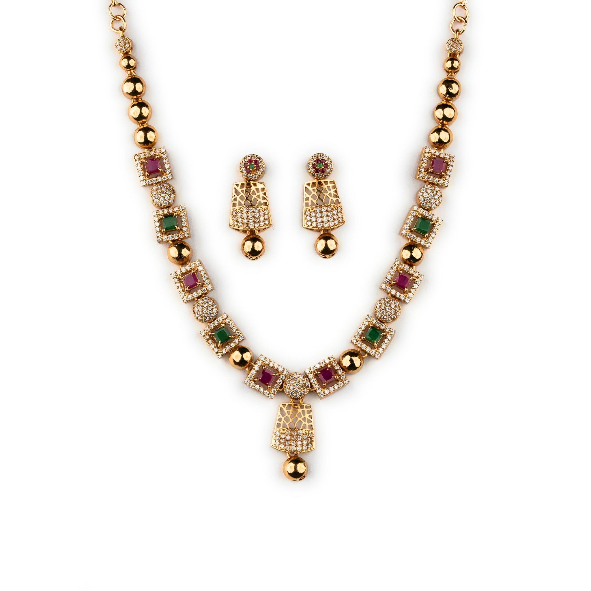 Contemporary American Diamond Matte Gold Plated Geometric Square Motif Necklace Jewellery Set-image-20