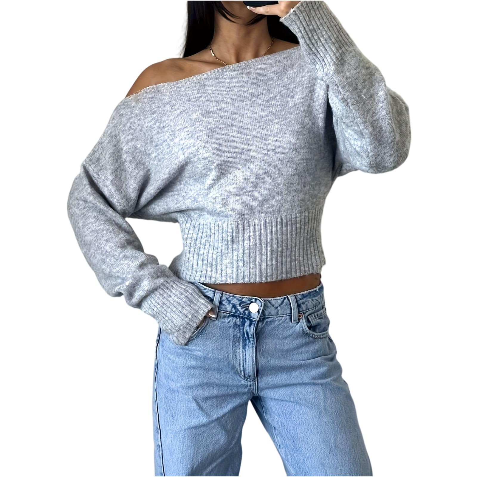 Off The Shoulder Sweater for Women Cropped Sexy Long Sleeve Knit Pullover Sweaters Dressy Casual Loose y2k Sweater