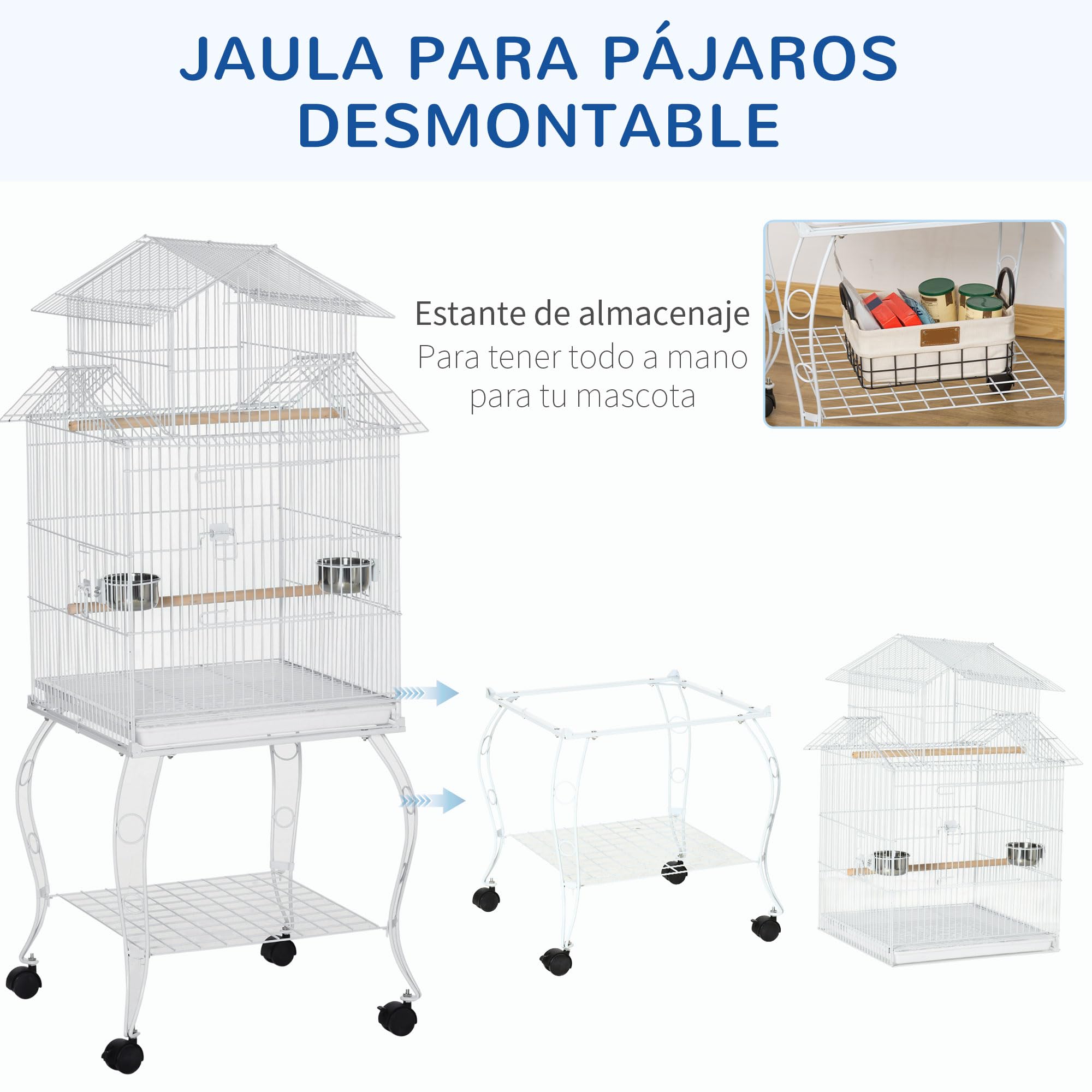 PawHut Jaula para Pájaros con Ruedas Jaula Grande con Soporte Pajarera con Bandeja Extraíble Puertas Comederos Perchas y Estante Inferior para Cacatúa NINFA Cotorra del Sol 50x49x137 cm Blanco