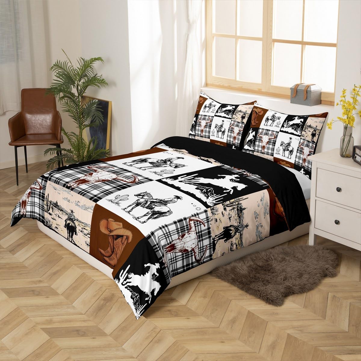 Loussiesd West Cowboy Duvet Cover Set Super King Size For Kids Boys Adults Teens Rodeo Cowboy Style Bedding Set Western Animal Cow Skull Comforter Cover with 2 Pillowcases West Desert Beds Set - Image 2