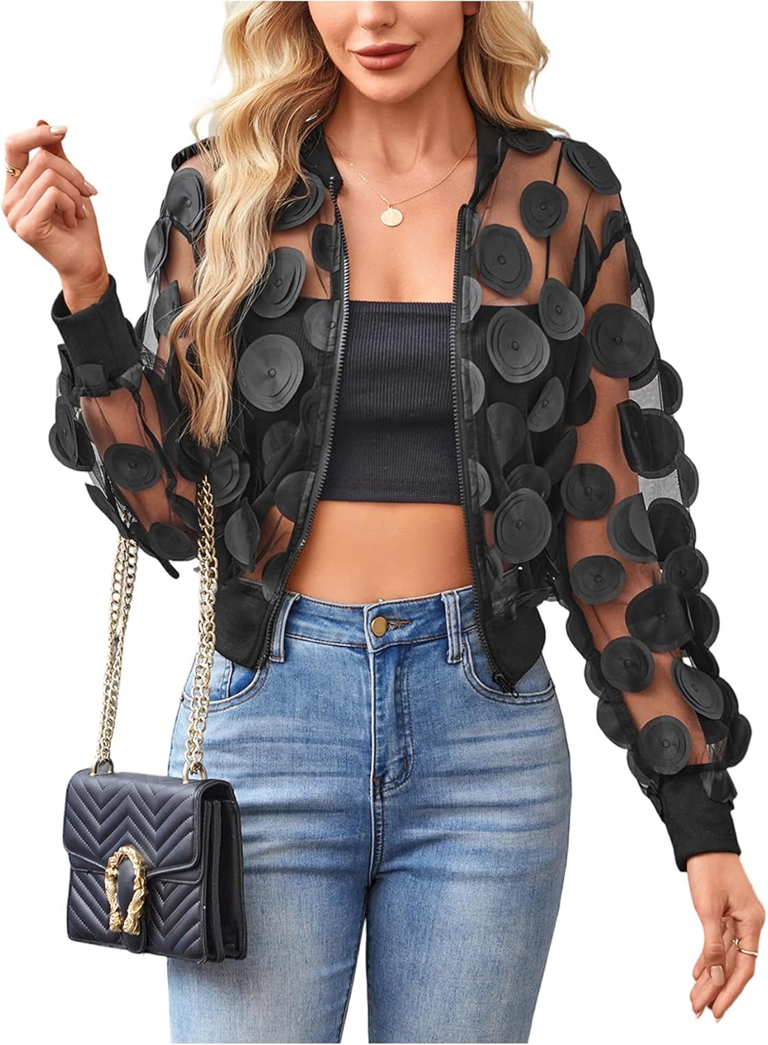 Milumia Women's Appliques Sheer Mesh Bomber Jackets Y2k Zip Up Jacket Outerwear