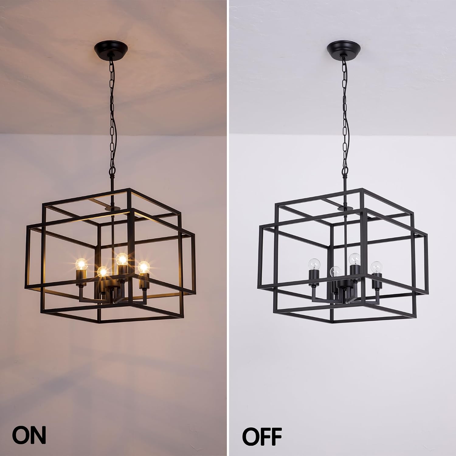 Maxax 18” Square Black Farmhouse Chandelier, 4-Lights Large Metal Lantern Pendant Light Industrial Cage Hanging Lights for Dining Room, Kitchen Island, Entryway
