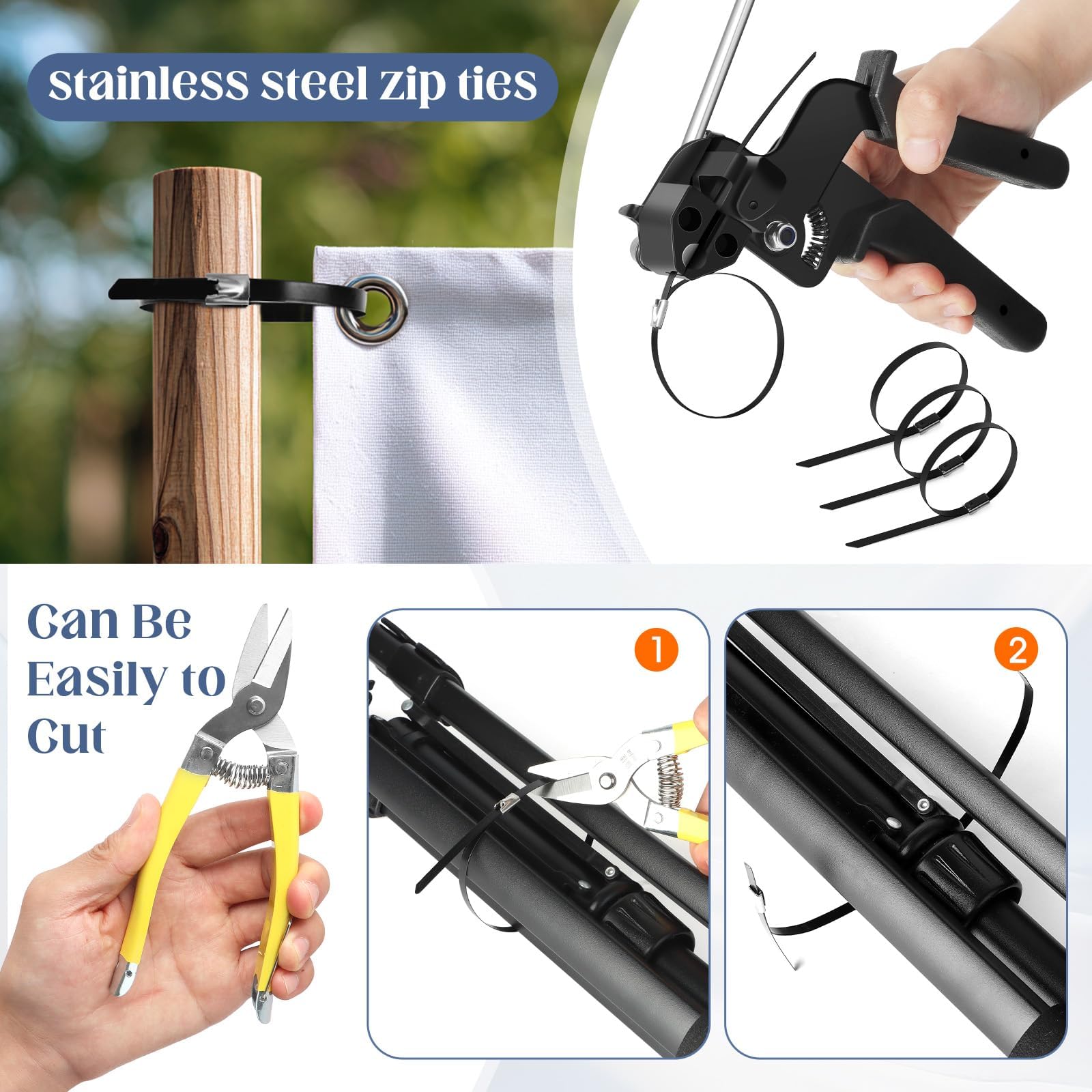 Juego de bridas de metal para cables de acero inoxidable con 150 correas de metal negro resistentes para exteriores, kit de herramientas de corte para valla de malla de alambre