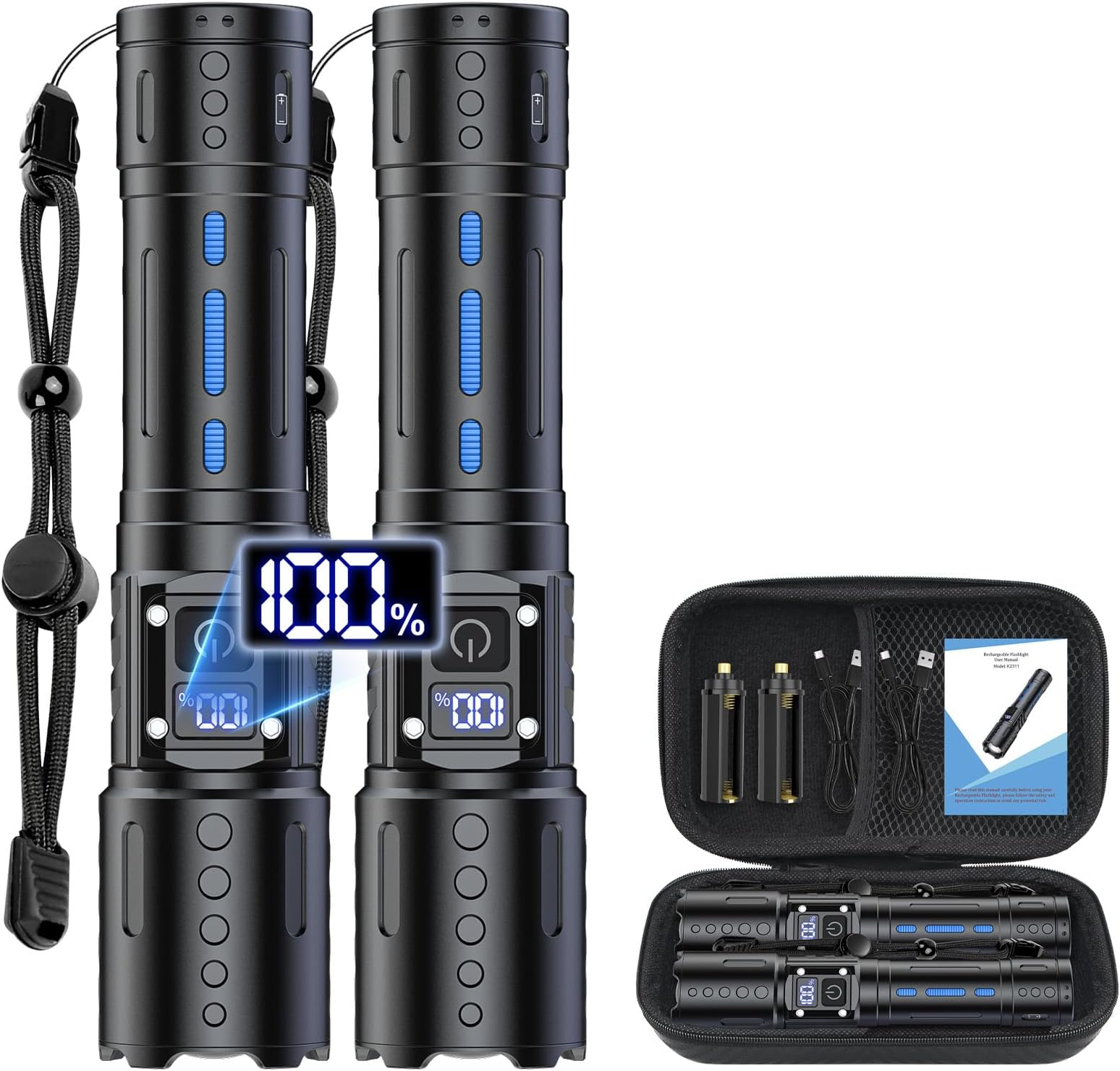 Flashlights High Lumens Rechargeable - Super Bright Tactical LED Flash Light, Dimmable&Memory Function Powerful Waterproof Flashlight for Camping,6 Modes,Zoomable,LCD Display (2, Black)