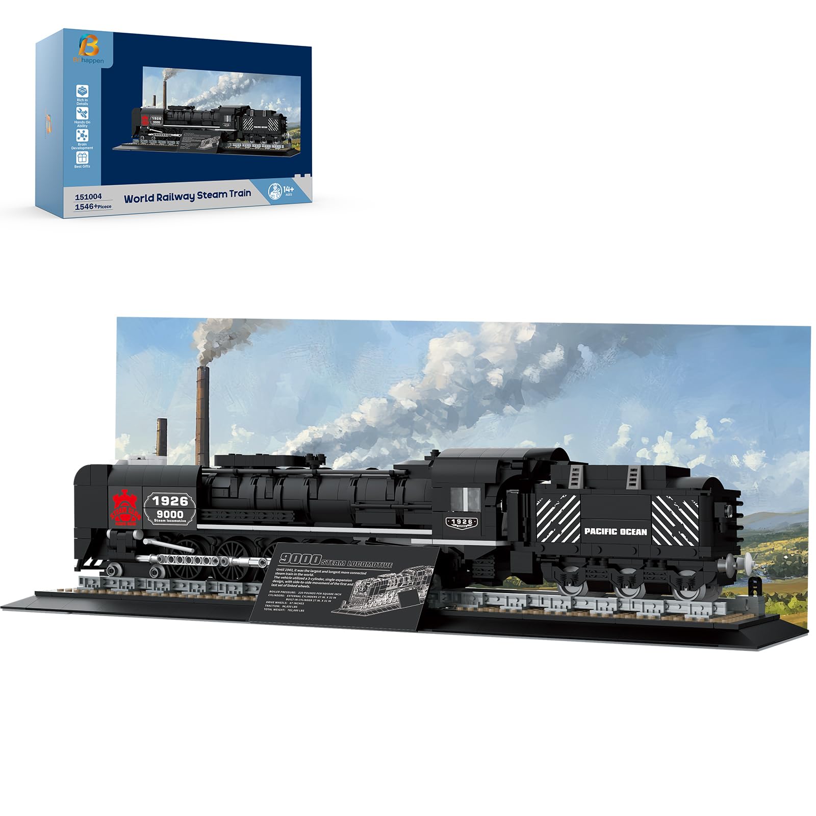 Brihappen Classic Steam Train Building Set for Adults, Retro Locomotive Model Kit with Tracks & Scene Background, Freight Train Construction Toy, Display Block Gift for Men & Teens