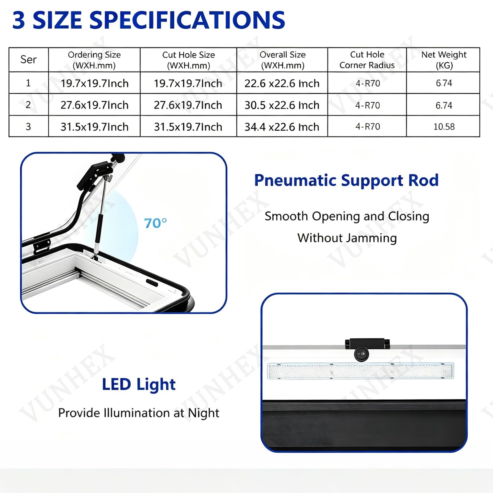 Wywietrznik Dachowy Do Kampera, Wycięcie 500/700/800 X 500 Mm, Z Funkcją Zaciemniania I Oświetleniem Led, Odporny Na Intensywne Światło Słoneczne, Stop Aluminium, Łatwy Montaż