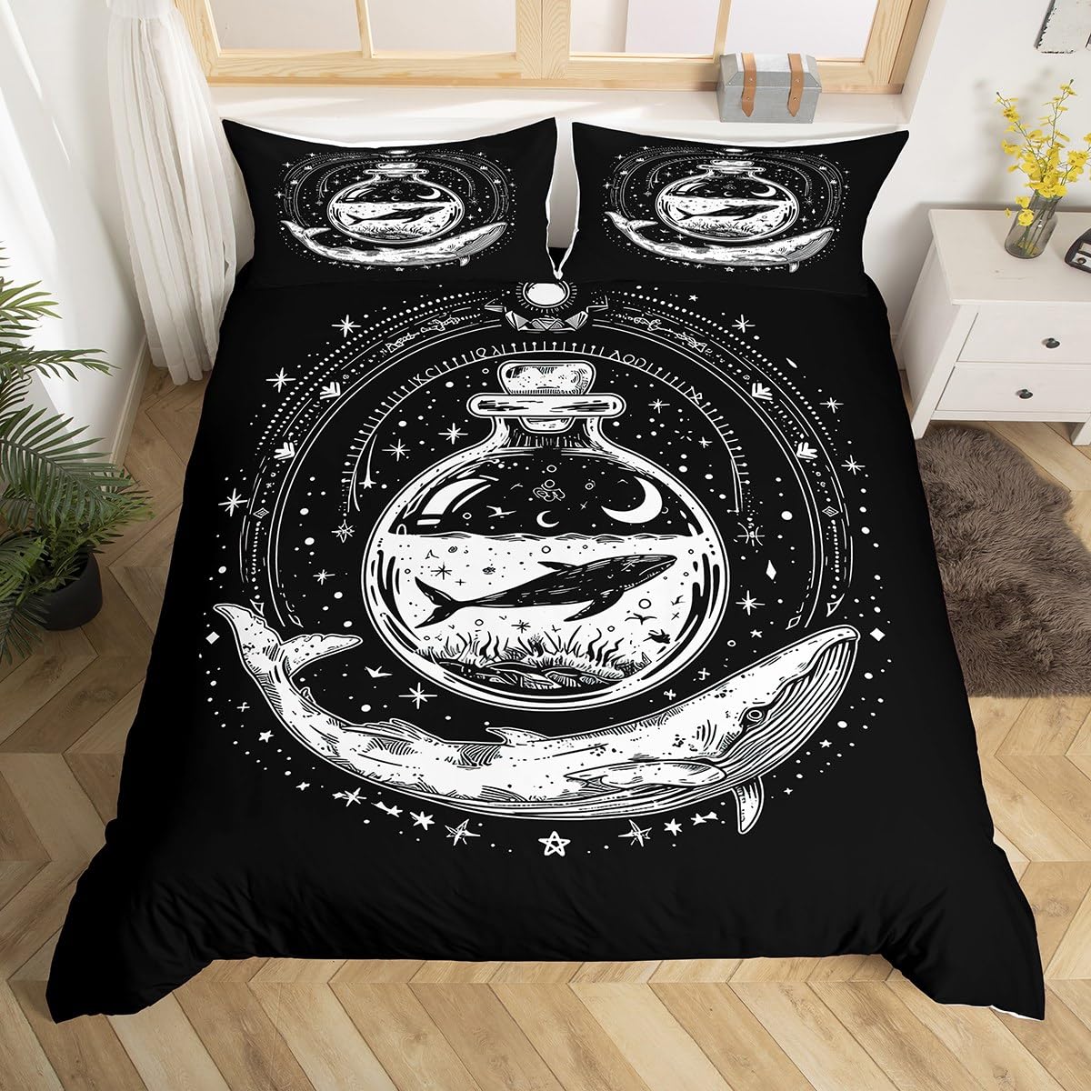 Homemissing Whale Duvet Cover Ocean Themed Bedding Set for Kids Boys Girls Bohemian Galaxy Comforter Cover Black and White Bedspread Cover Room 3Pcs King Size,Zipper
