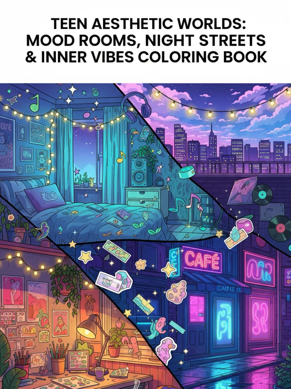 Teen Aesthetic Worlds: Mood Rooms, Night Streets & Inner Vibes Coloring Book