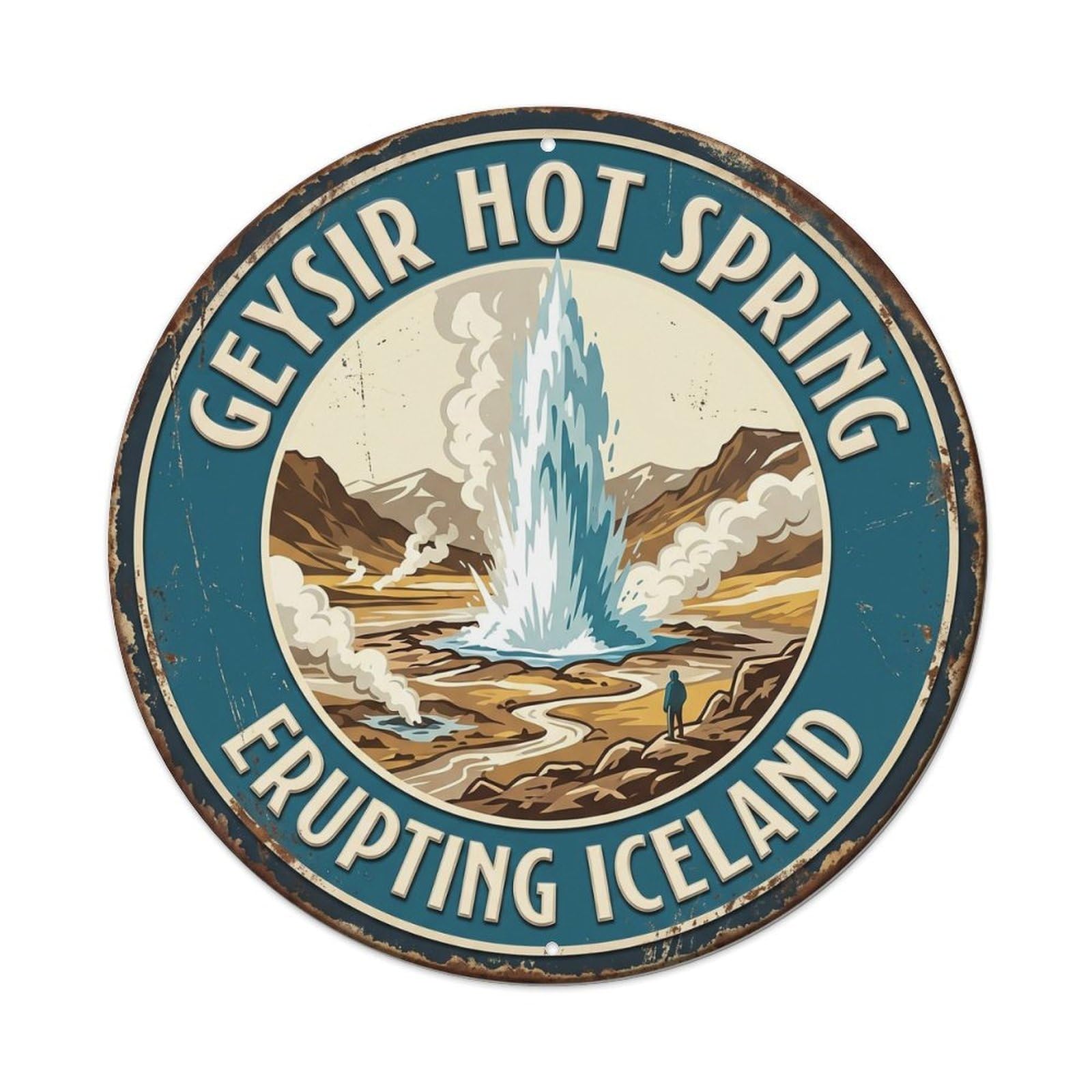 Geysir Hot Spring Erupting Iceland Geyser Metal Tin Sign Plaque Wall Decor for Cafe, Club, Garden Round Metal Poster 8x8Inch
