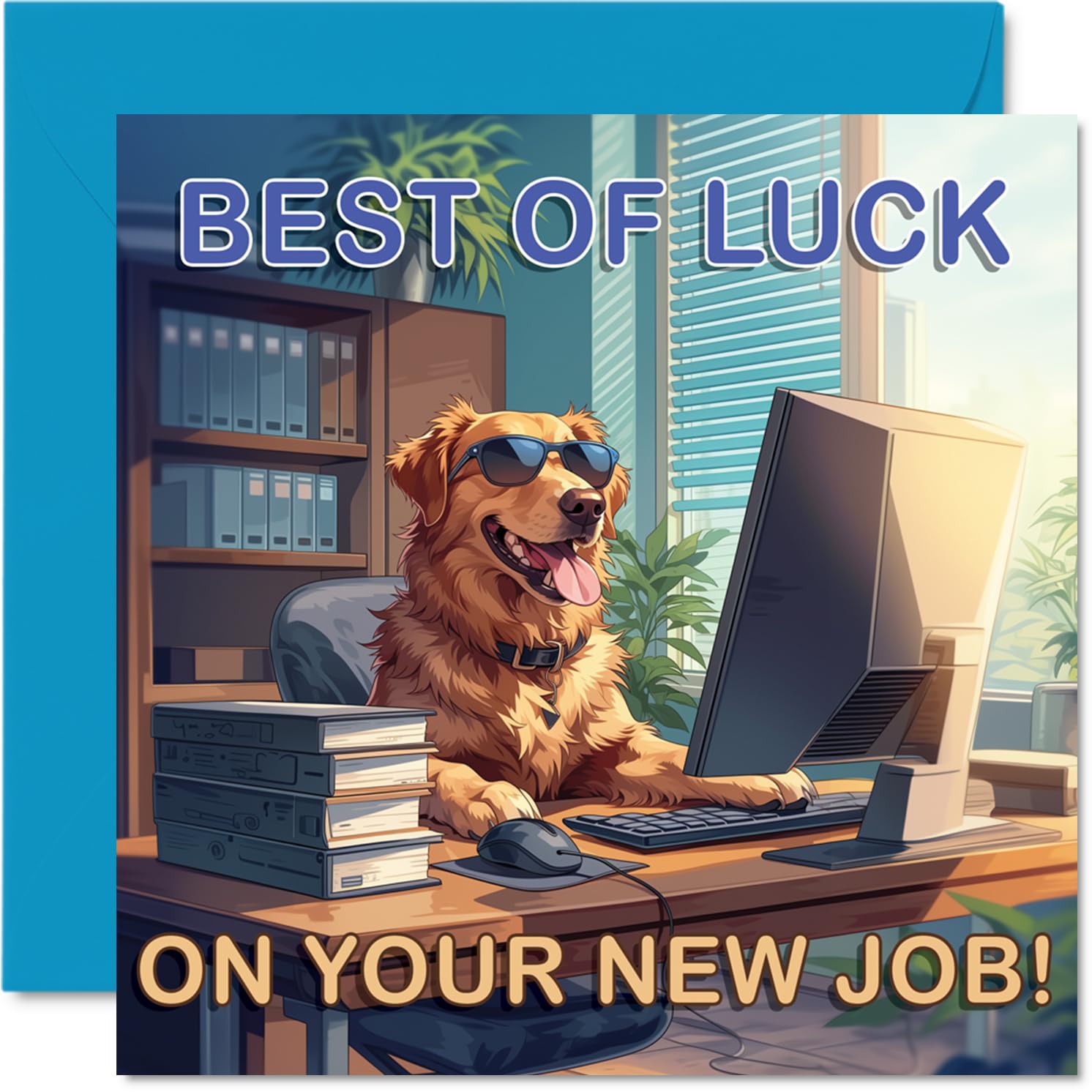 Supportive New Job Card - Cheeky Pup in Sunglasses Brings Office Vibes - Golden Retriever at a Desk Design - 145mm Square, Envelope Included