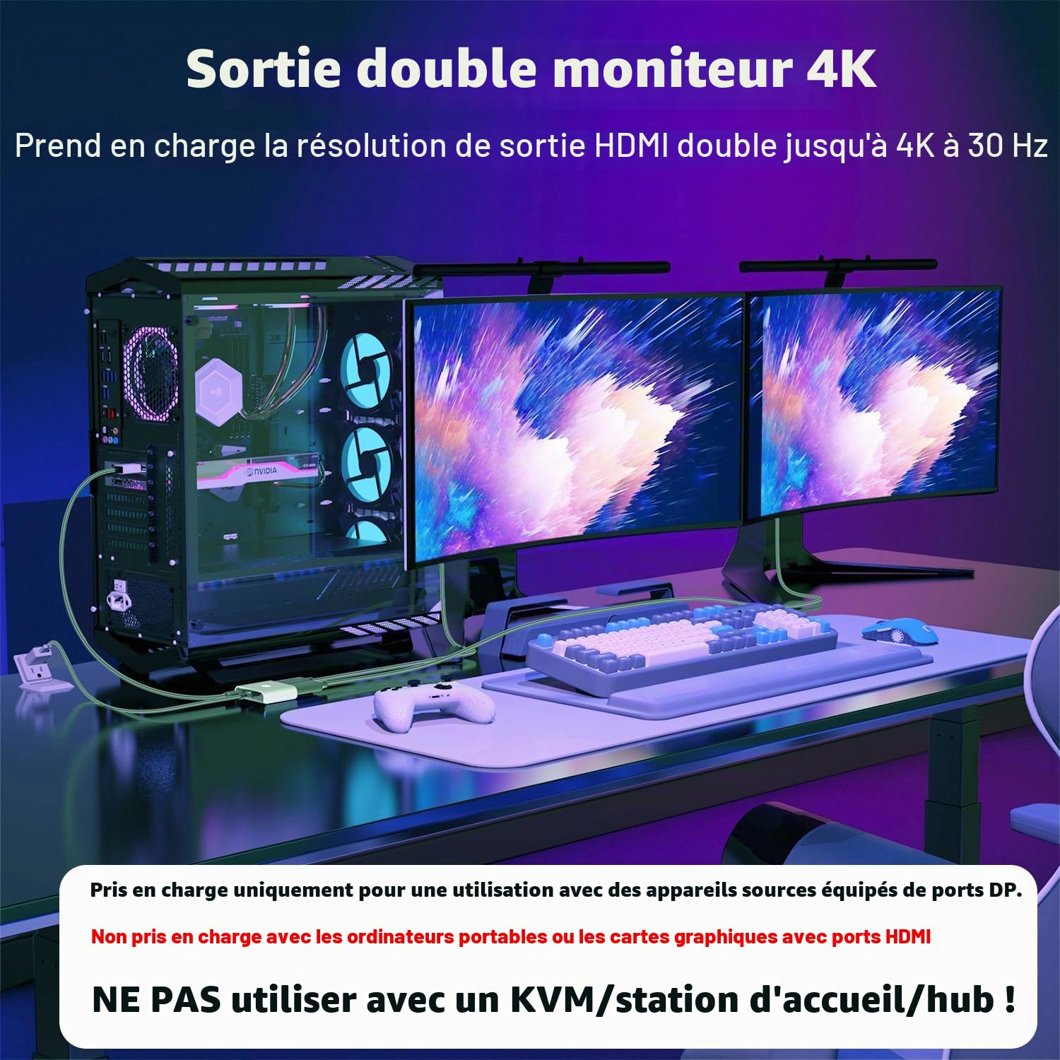 UANTIN Adaptateur DisplayPort vers double HDMI | 4K 60 Hz DP source vers HDMI Splitter adaptateur d'affichage étendu pour deux moniteurs, convertisseur de port d'affichage pour carte graphique NVIDIA